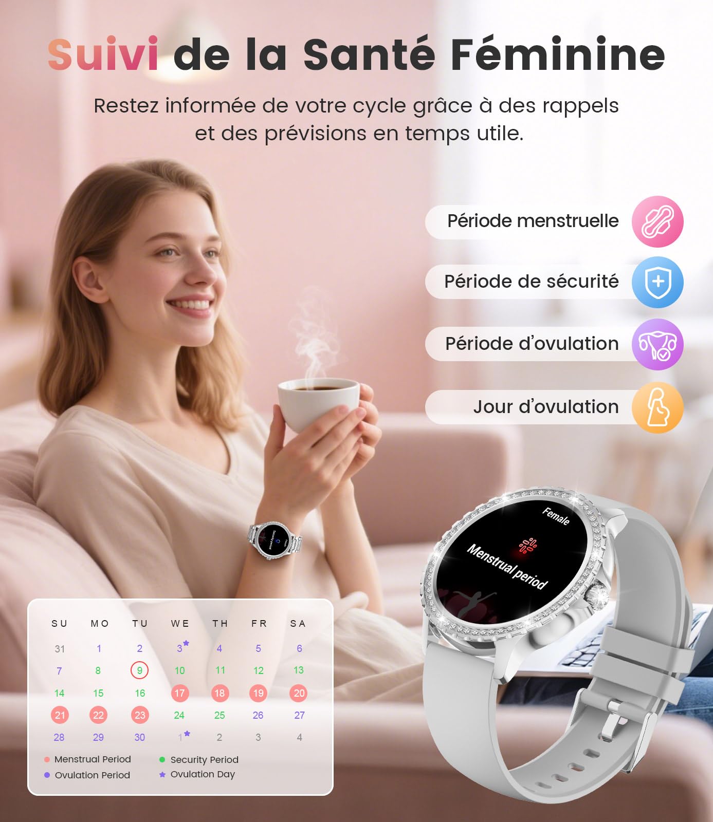 FITFLEX Montre Connectée Femme avec Appel Bluetooth: 1.32" Smartwatch avec Fonction Féminine Cardiofréquencemètre SpO2 Sommeil Montre Modes Sport Montre IP67 Fitness Podomètre pour Android iOS