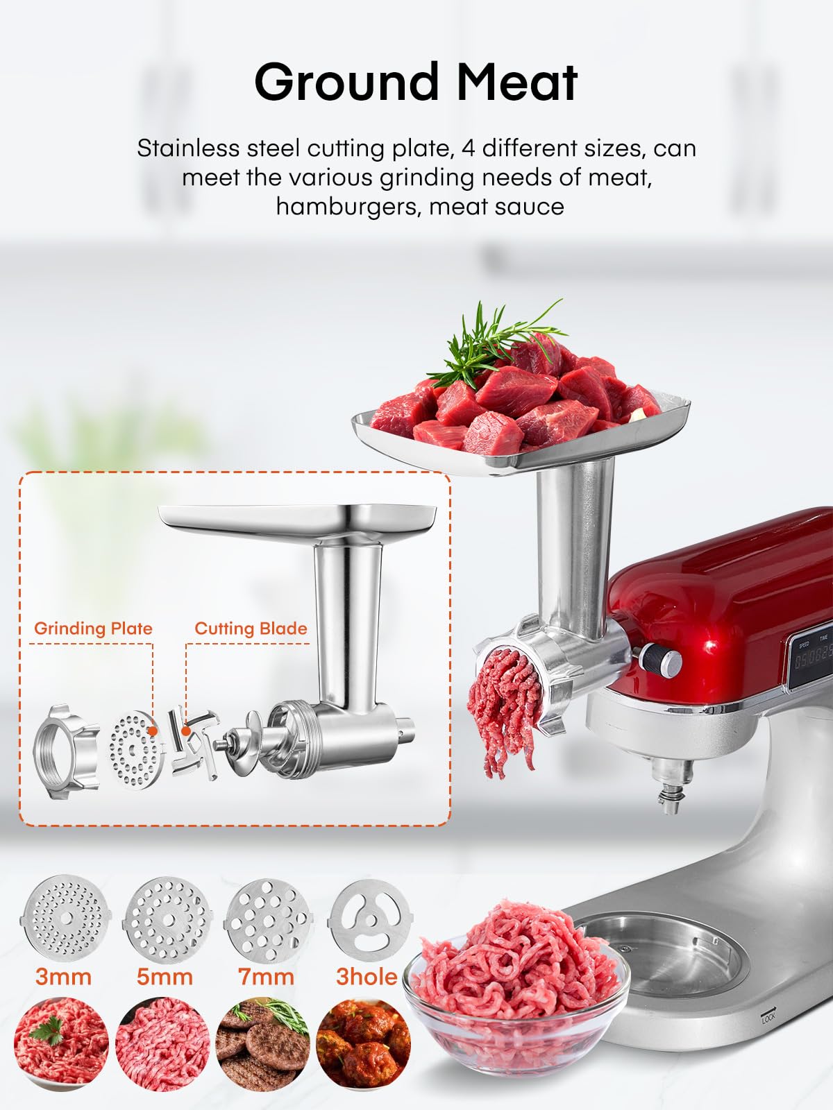 Hachoir à Viande pour KitchenAid, Accessoire Robot Pâtissier, 4 Plaques de Broyage, 2 Embouts à Saucisses, Acier Inoxydable