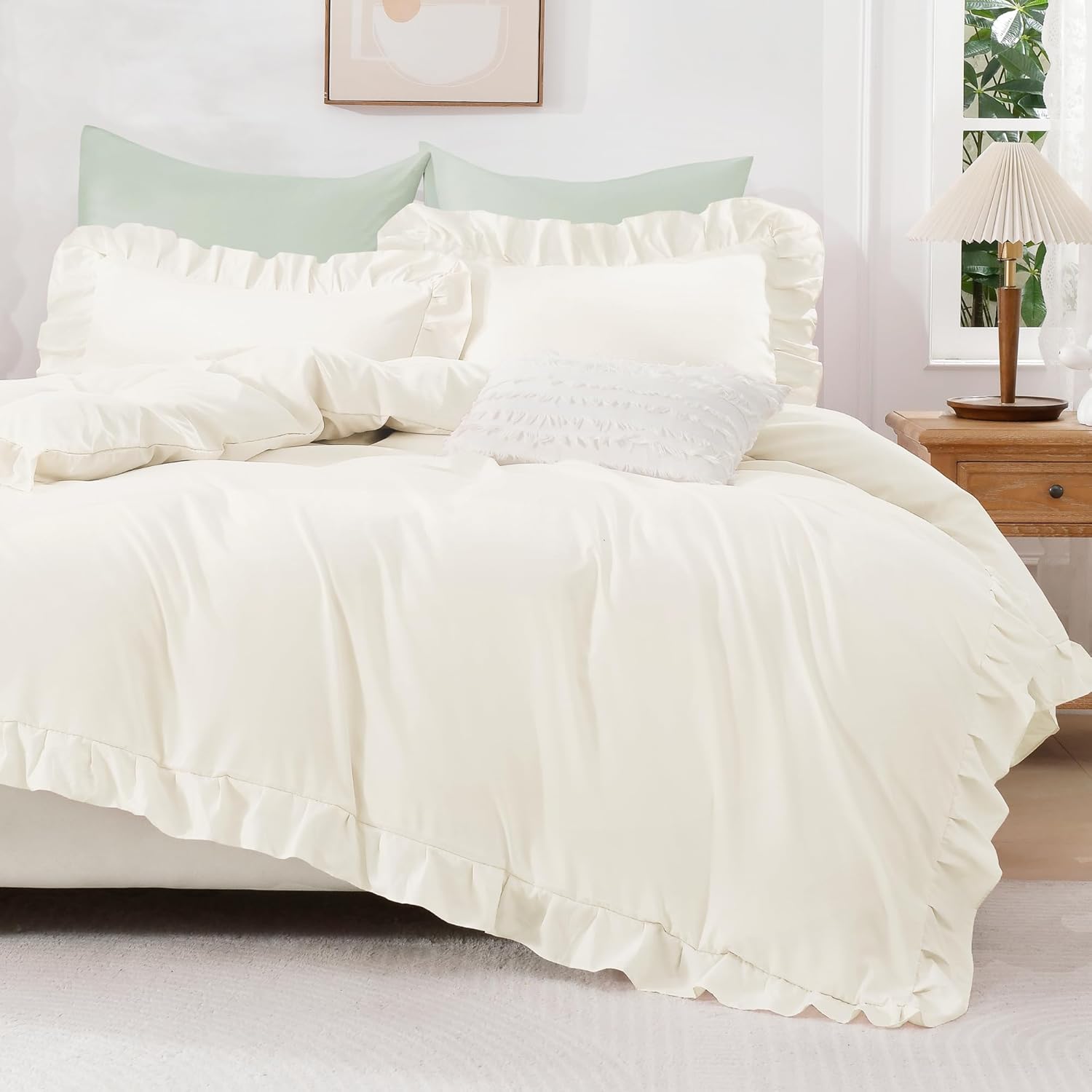 Andency Ivory Ruffle Duvet Cover Queen(90x90Inch), 3 Pieces Soft Washed Polyester Vintage Shabby Chic Farmhouse Ruffled Duvet Cover Set with Zipper Closure & Corner Ties