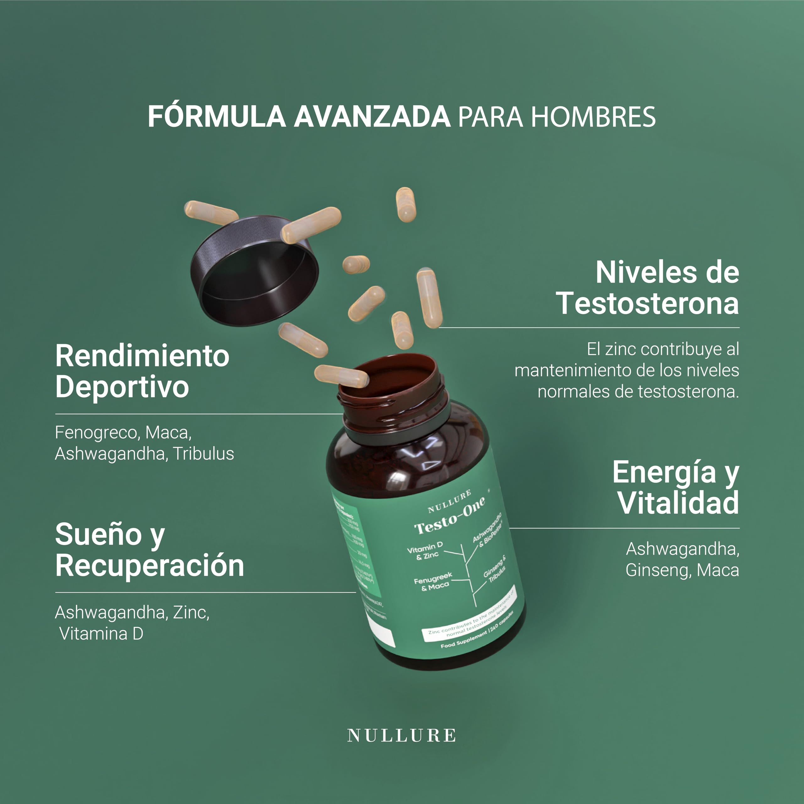 Testo One® Testosterona Hombre Natural | Nullure | 240 caps (4 meses) | Testado en laboratorio alemán | Vegano y Sin Esterato de Magnesio | Rendimiento · Musculación · Energía |8 Ingredientes