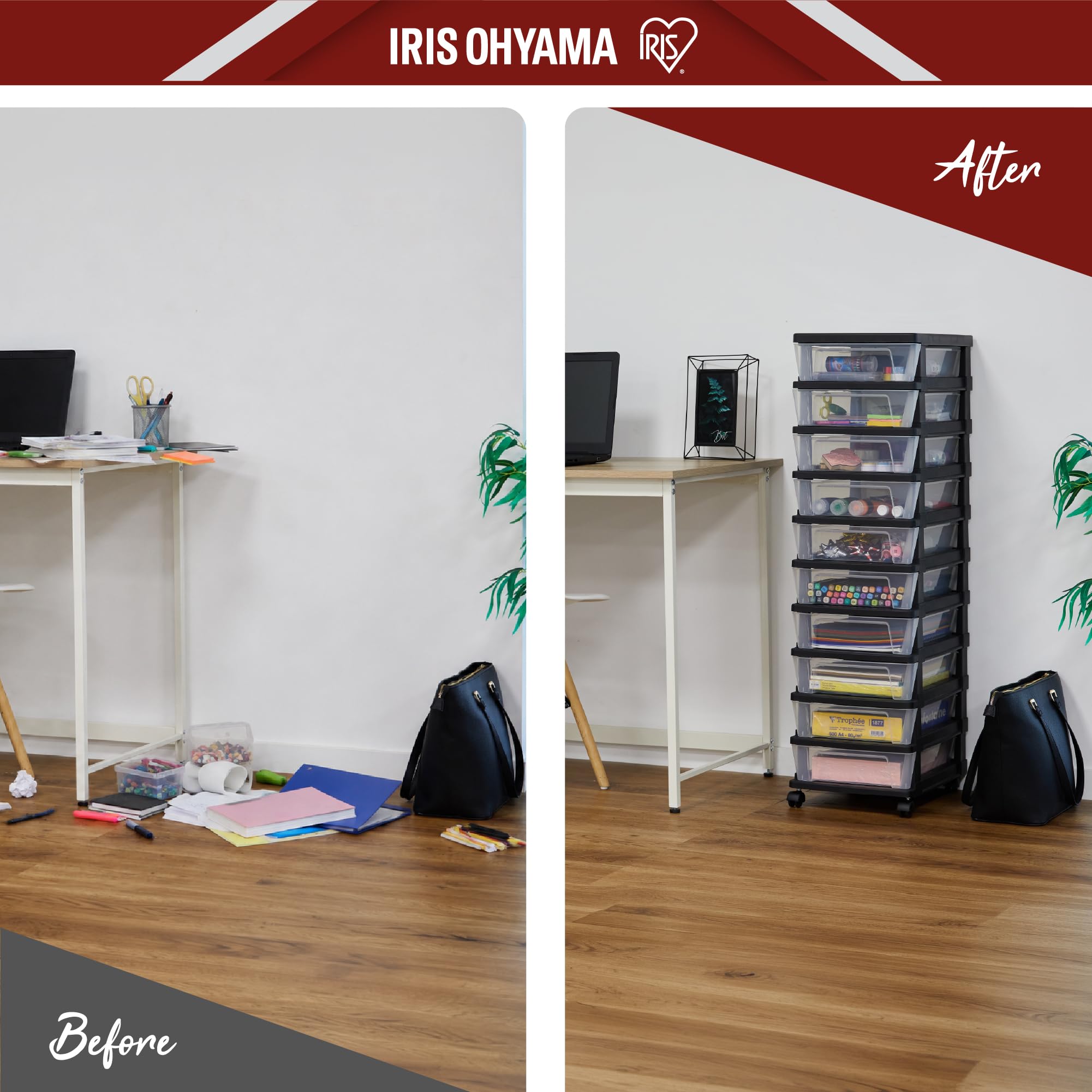 Iris Ohyama, Torre de Almacenamiento de Plástico con Ruedas, 10 Cajones Compactos, Negro, Fácil Apertura, Organizador para Oficina y Dormitorio, Sin BPA, KMC-010