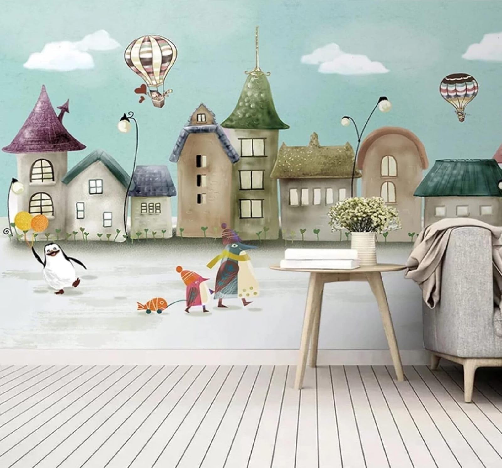 XLMING Hand Drawn Cartoon Castle House Animal 3D Wallpaper Luxury Silk Study Dining Feature Sofa Grey Bedroom Living Room Tv Decorative Wall-200cm×140cm
