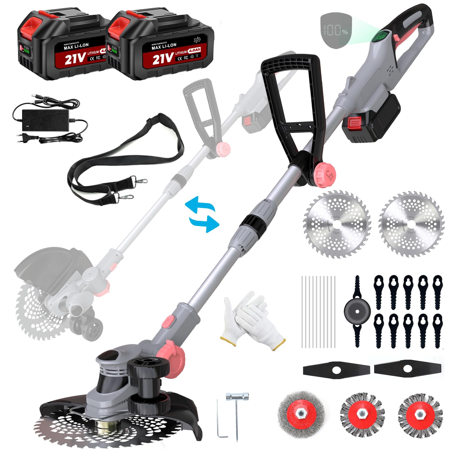 Desbrozadora con batería y cargador, 21 V, desbrozadora para batería Makita, incluye 2 baterías de 4,0 Ah, desbrozadora con cepillo para malas hierbas, cabezal giratorio 90°, para jardín (gris)