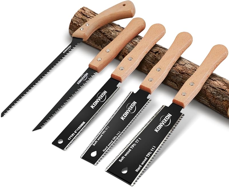 5PCS Hand Saw Set, SK5 Steel Blade, Hardened Teeth, Teflon Coating | 2 Wide and Narrow Japanese Pull Saws, Flush Cut Saw, Drywall Saw, Curved-Handle Pruning Saw, For DIY Woodworking & Gardening
