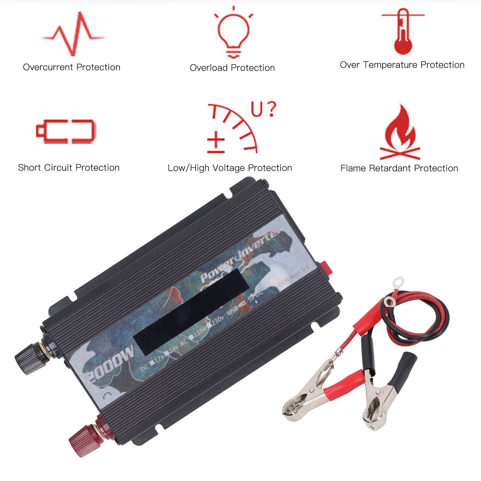 Samochodowa Przetwornica Napięcia Przetwornica Prądu Stałego na Prąd Przemienny ze Stopu Aluminium 2000 W Szczytowa 500 W Rzeczywisty Wyświetlacz LCD Podwójne USB Szybkie Chłodzenie do