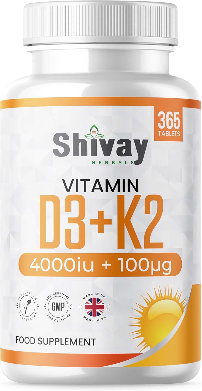 Vitamin D3 4000 IU & K2 MK-7 100 µg – 365 Vegetarian Tablets 1 Year Supply – High Strength Bone, Heart & Immune Support – UK Made, Allergen-Free – Shivay Herbals
