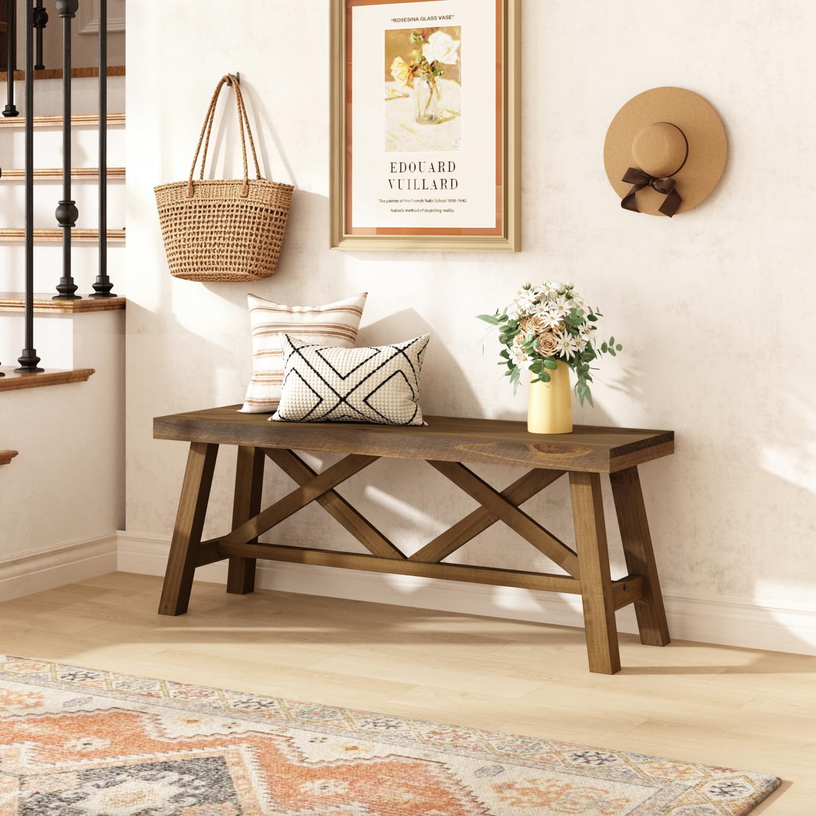Wnutrees 43" Farmhouse Solid Wood Bench, Rustic Entryway Bench, Natural | Double X-Structure Dining Seat for End of Bed, Living Room, Hallway, Structural Stability, Rustic Decor