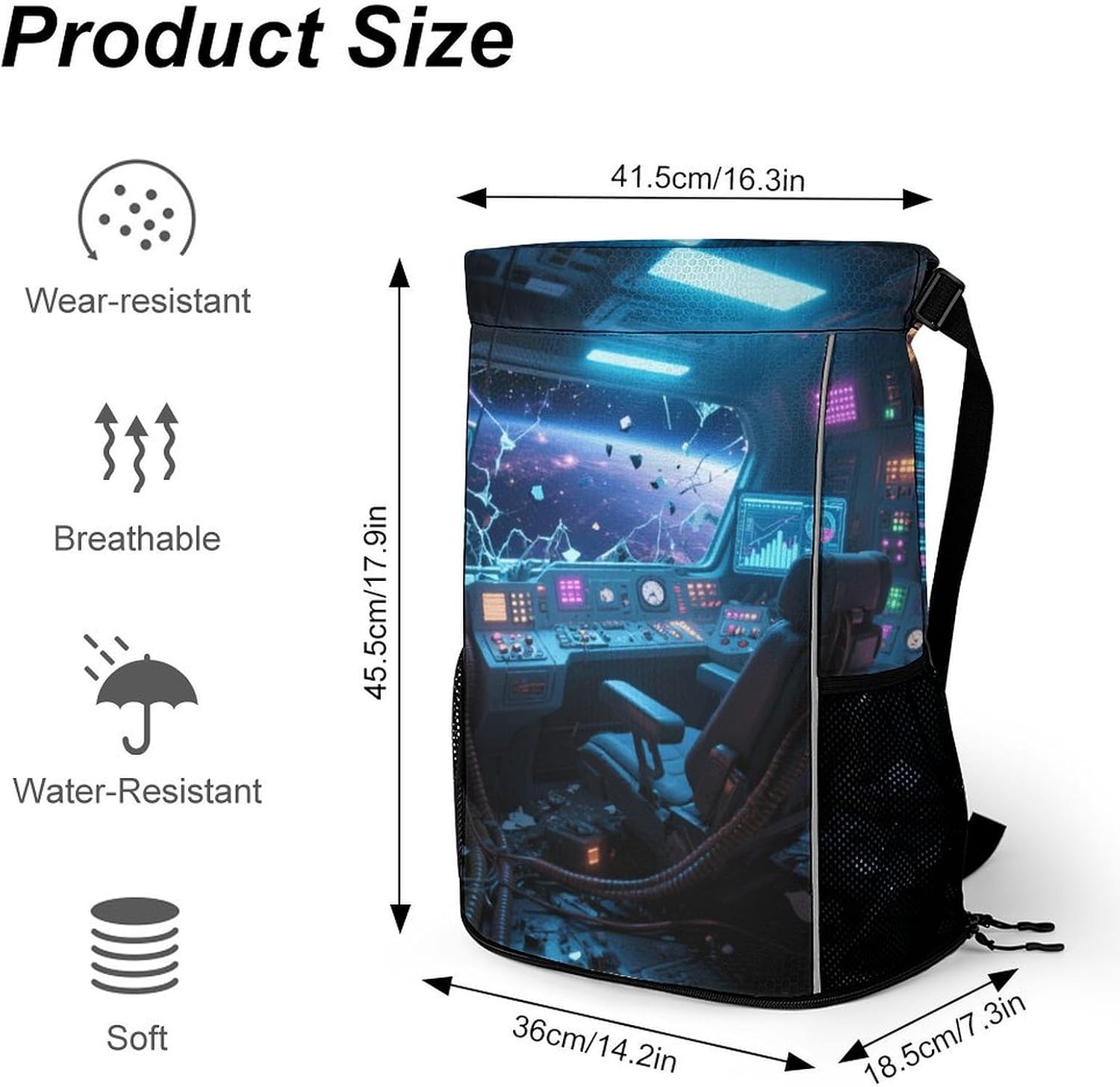 Small Gym Bag Spaceship Control Room Printed Drawstring Gym Bag for Men Lightweight Waterproof Drawstring Backpack for Women with Shoe Compartment for Travel Tourism Work And Fitness