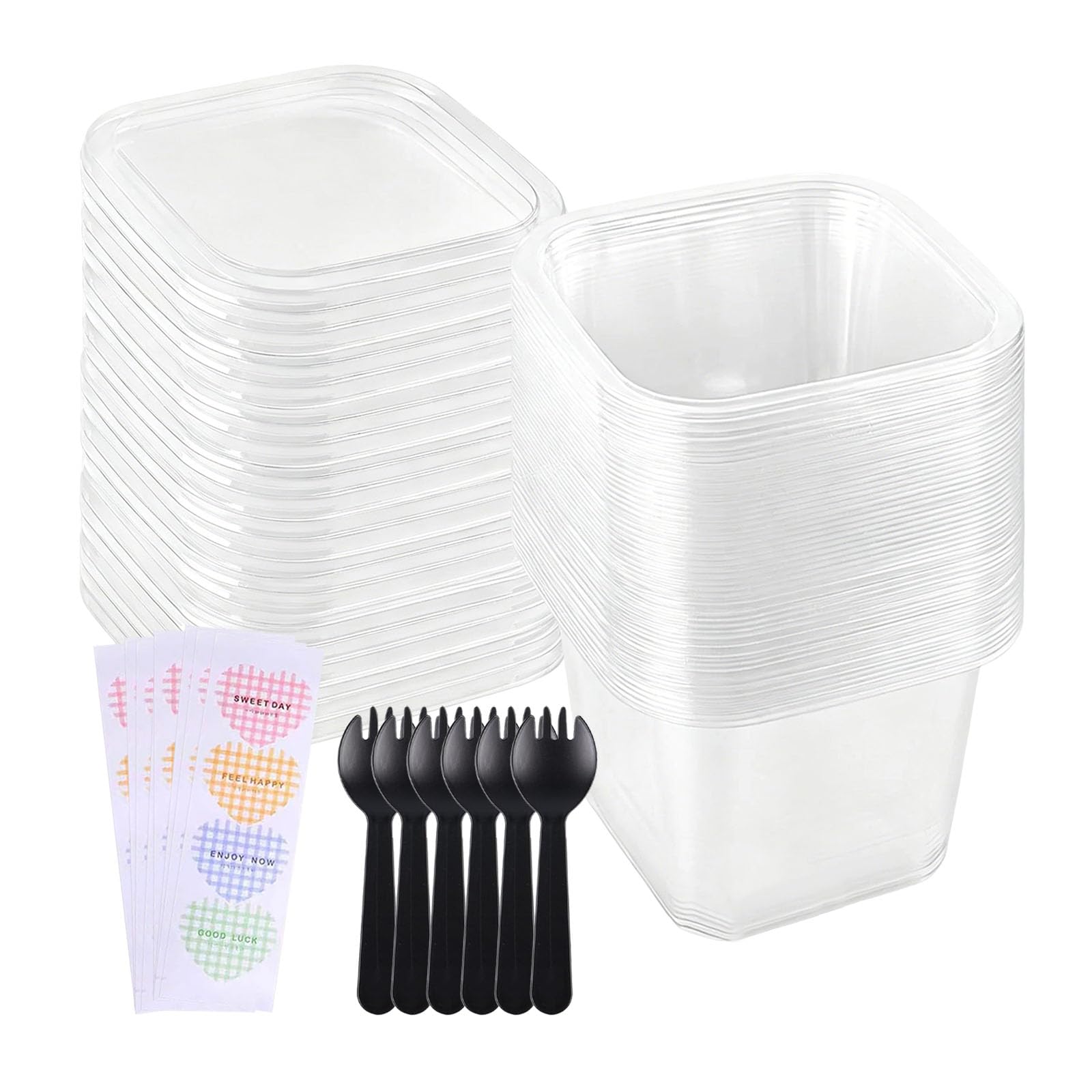 dogmoon Plastic Dessert Cups with Lids, 50PCS Clear Parfait Appetizer Cup, 420ml Square Dessert Cup Reusable Serving Bowl with Sporks and Love Sticker for Desserts Pudding Mousse Party(7x7x7.5cm)