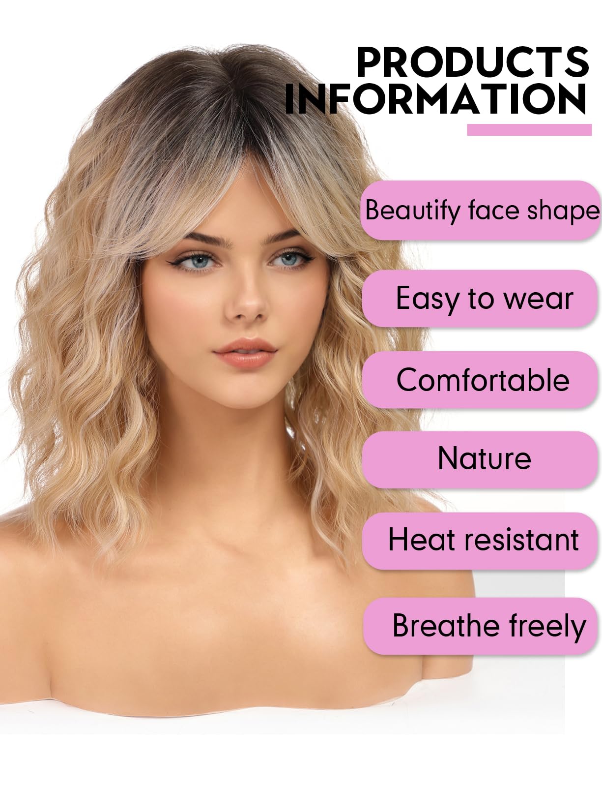 WOKESTAR Bob Curly Wig with Fringe, Short Synthetic Wavy Wigs for Women Honey Blonde Color, 22 pollici - Image 4