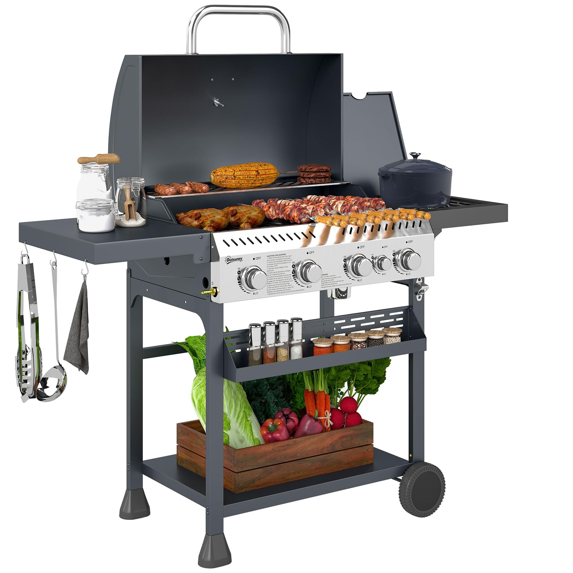 Outsunny Black 4+1 Gas Burner Grill, 12.5 Kw Propane Gas Barbecue Bbq Grill With Wheels, Warming Rack, Shelves, Thermometer, Bottle Opener,