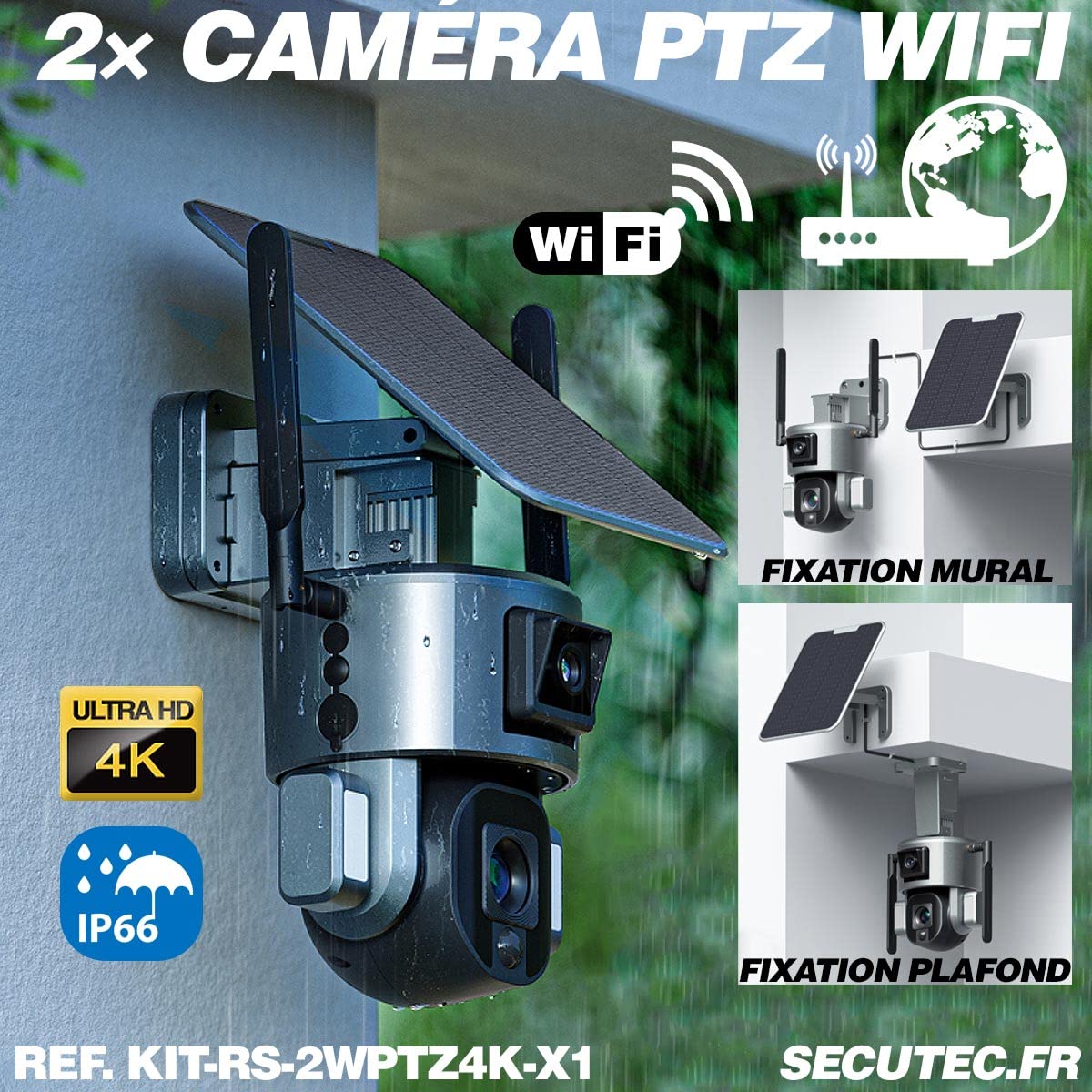 Kit vidéosurveillance 3G 4G autonome solaire waterproof avec une double caméra pilotable solaire Wifi Ultra HD 4K Zoom X20 autotracking IR détection de mouvement alarme et sirène microSD 128 Go