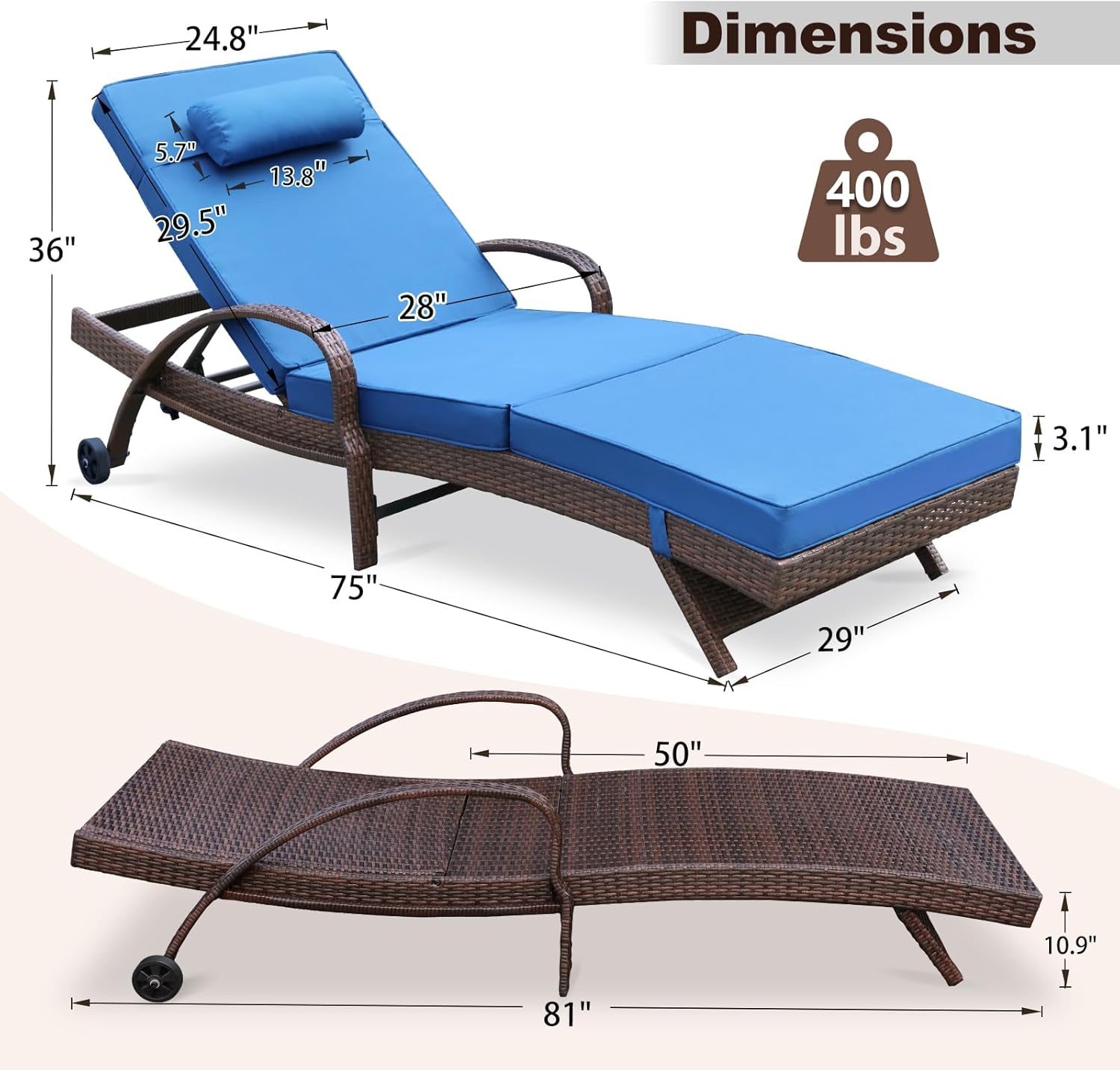 NOBLEMOOD Outdoor Lounge Chairs Set of 4 Beach Wicker Chaise Lounge with Wheels, Cushion, Adjustable Backrest for Outside Pool Sun Shelf Tanning Bathing (Blue)