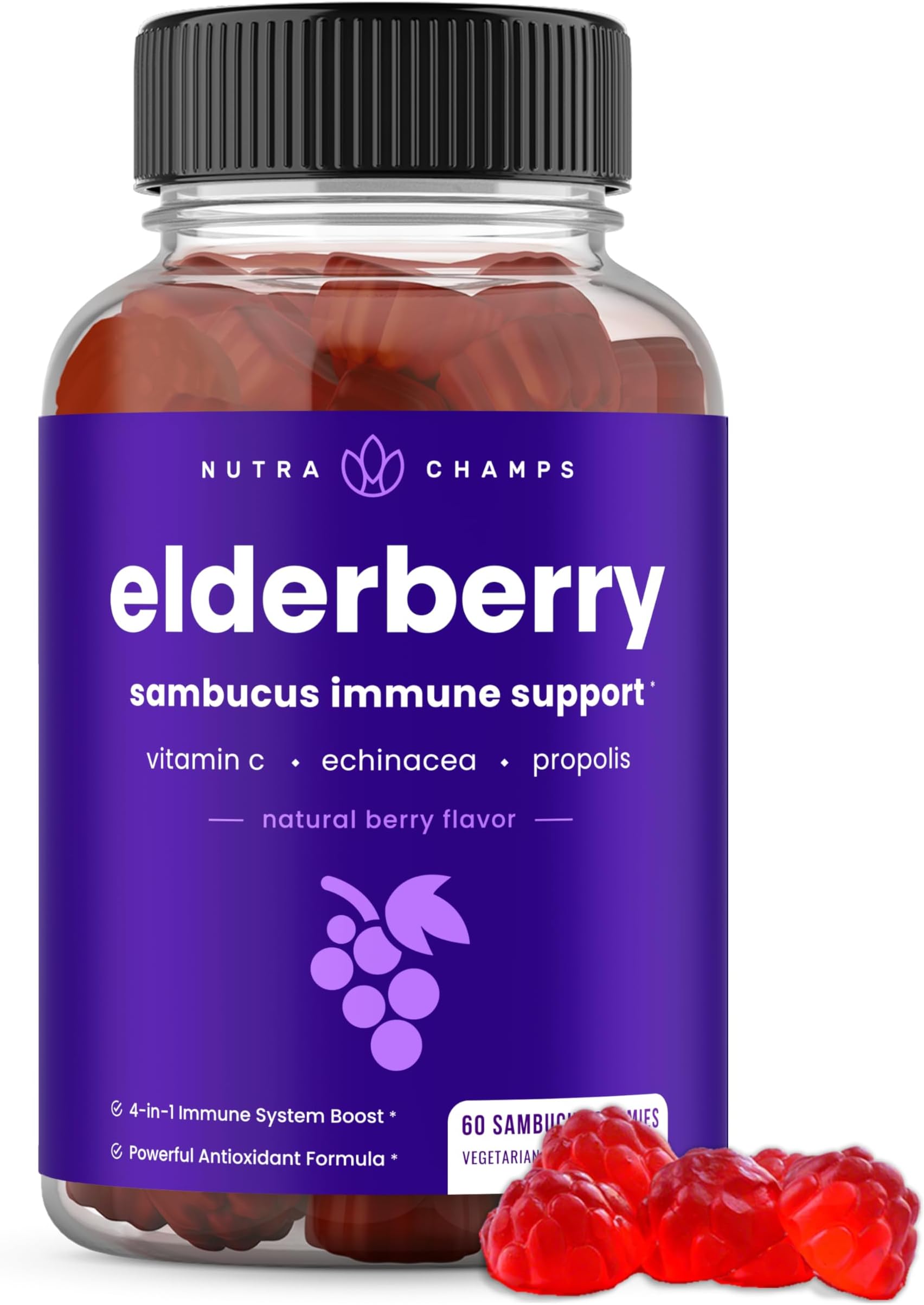 Elderberry Gummies with Vitamin C, Propolis & Echinacea - Immune System Support Gummy Vitamins for Adults & Kids - Max Strength 200mg Sambucus Antioxidant