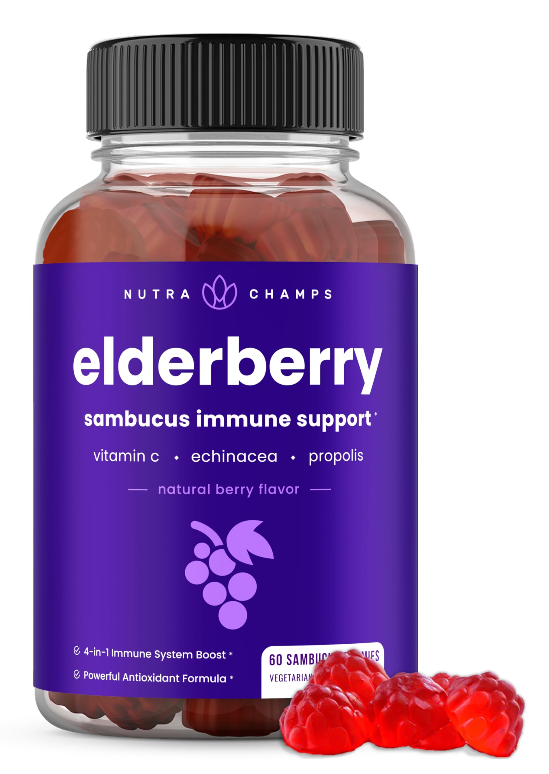 NutraChamps Elderberry Gummies with Vitamin C, Propolis & Echinacea - Immune System Support Gummy Vitamins for Adults & Kids - Max Strength 200mg Sambucus Antioxidant