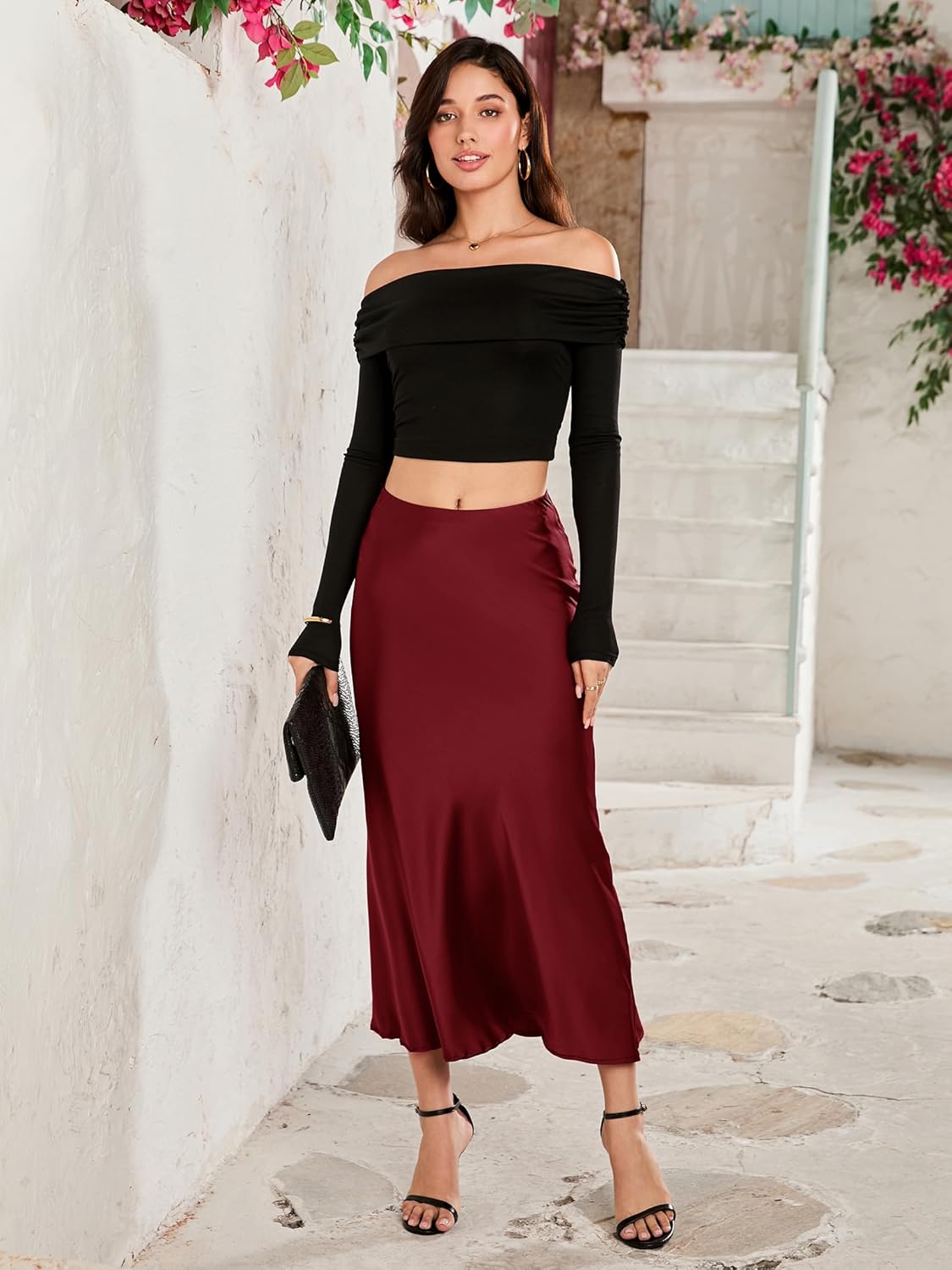 Womens Satin Skirt High Waist Stretchy Elastic Waistband Flowy Elegant Midi Skirts for Work & Casual - Image 6