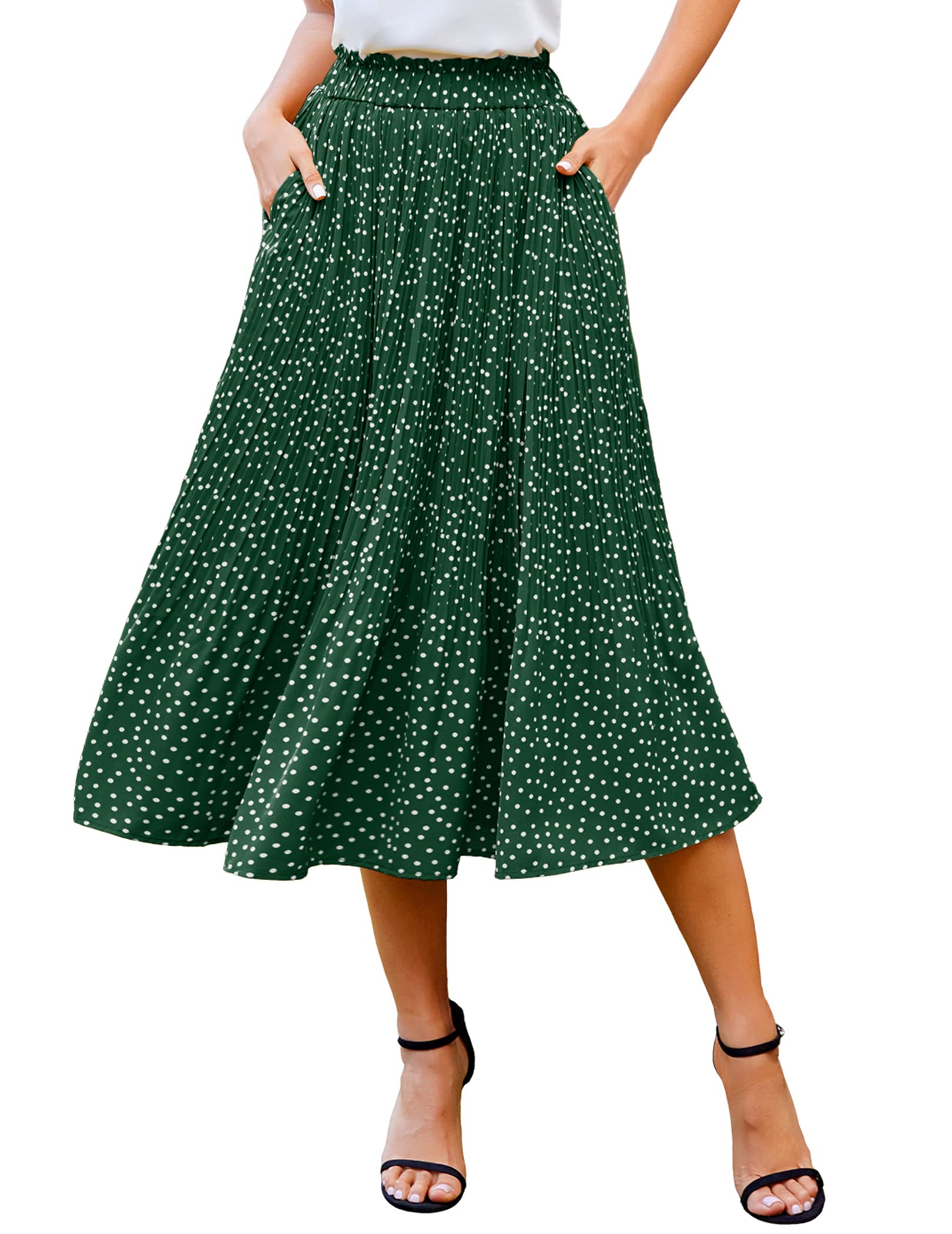 Zeagoo Women's Midi Skirts High Waisted Pleated A-Line Swing Skirts Summer Floral Long Skirts with Pockets