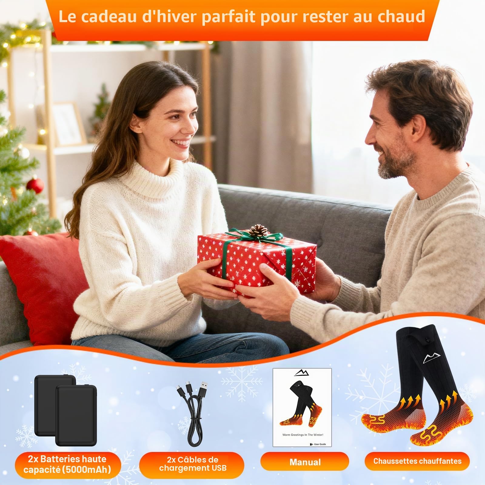 Chaussettes Chauffantes, Chaussette Chauffante Homme Femme,5000mAh Chaussettes Thermiques à Batterie pour Hommes & Femmes, Lavables en Machine, Parfaites pour Chasse, Ski (Taille Unique)