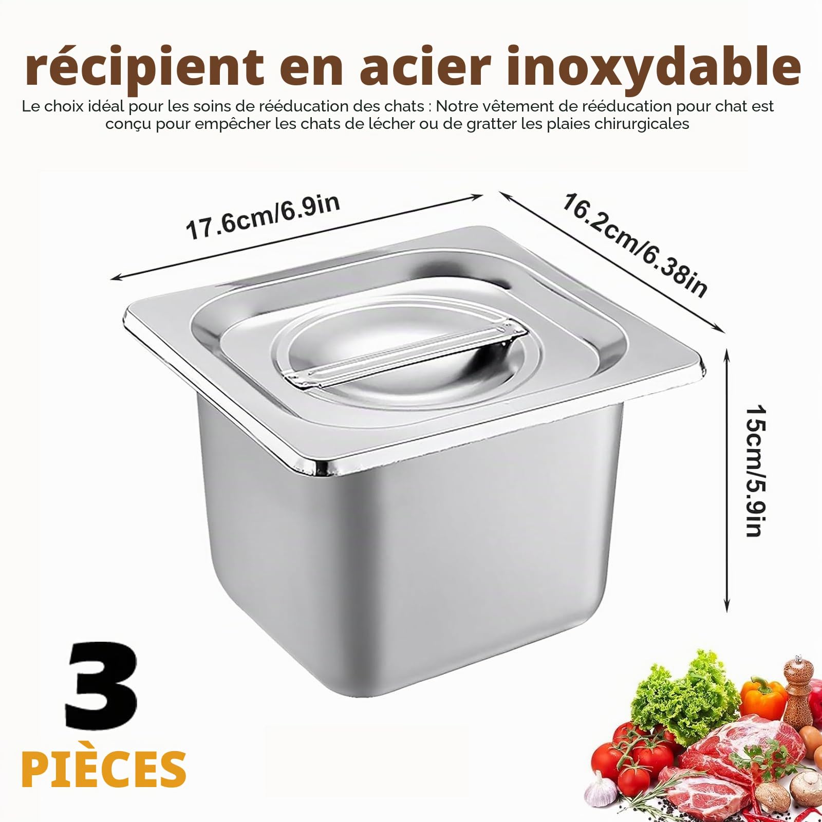 Lot de 3 plats à panure en acier inoxydable avec couvercle, 17,5 x 16,6 x 10 cm, récipient en acier inoxydable avec couvercle, pour restauration, cuisine, buffet, idéal pour servir du poisson/poulet
