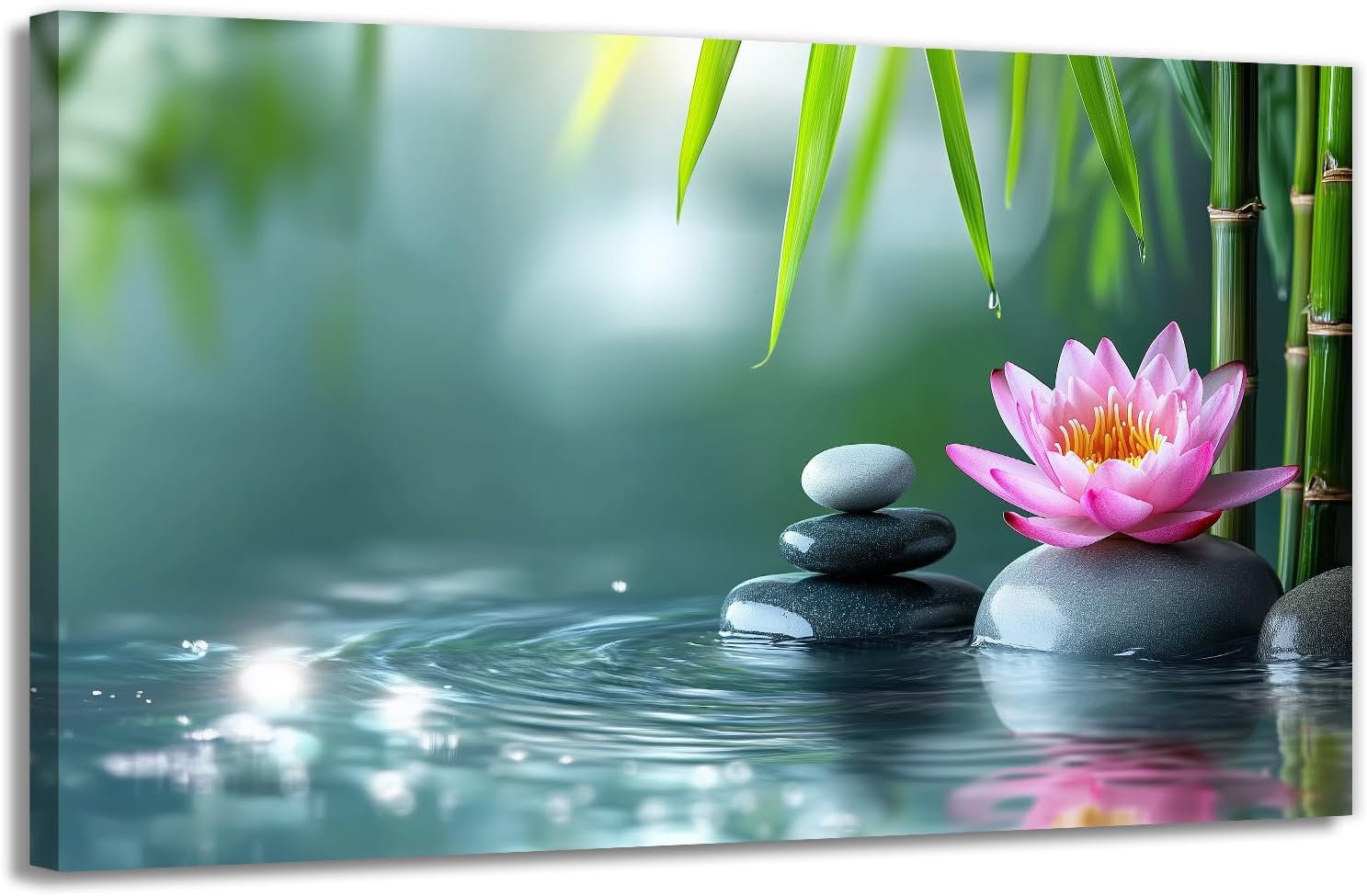 Zen Lotus Floral Wall Art Pink Lotus Flower Picture Spa Stone Bamboo in Water Painting Framed Artwork for Living Room Bedroom Bathroom Wall Decor(Zen-3,16"x20")