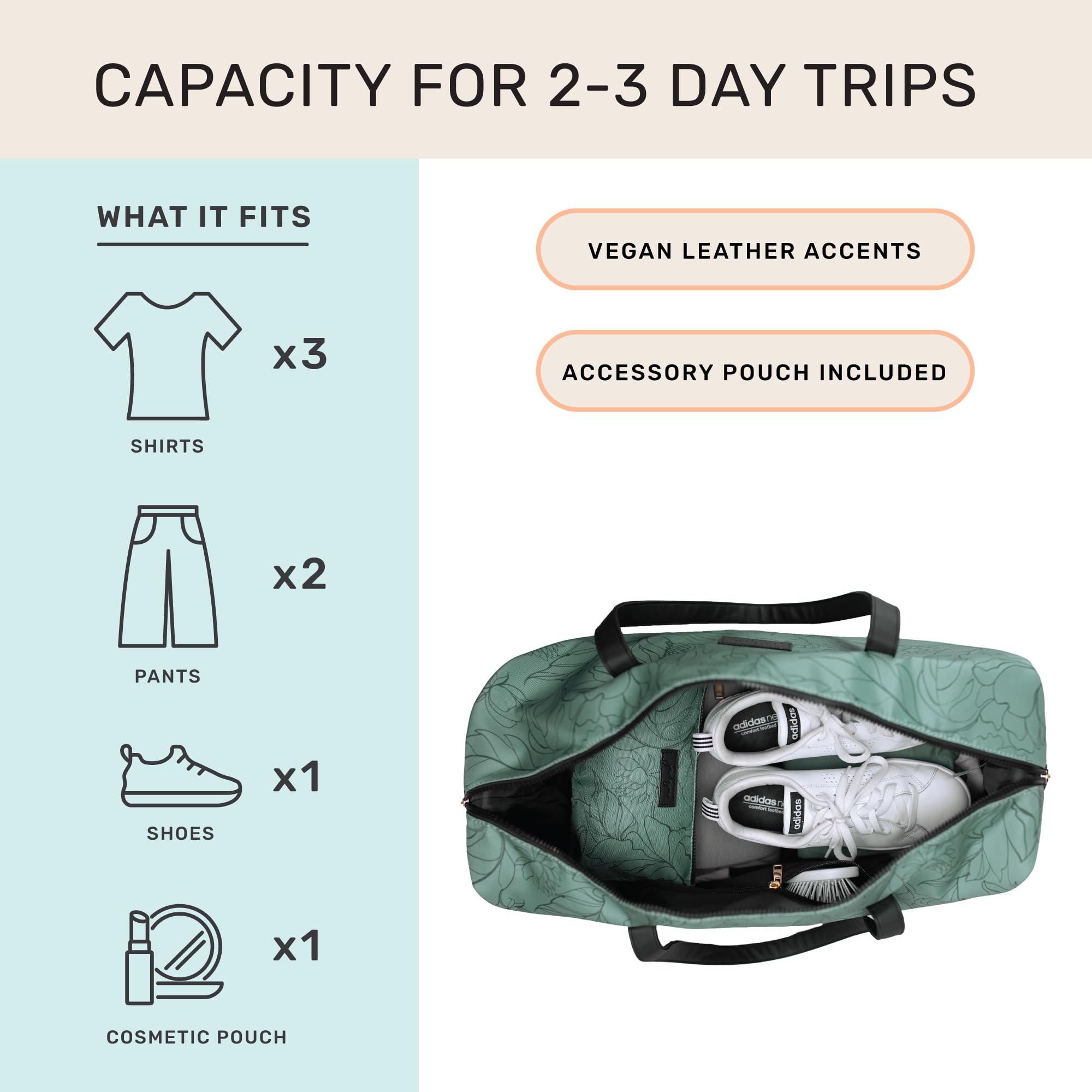 Jadyn B Luna Duffel torba podróżna lub sportowa, 54 cm - 37 l, w zestawie kosmetyczka na zamek błyskawiczny, Flora szałwii, Miękka torba sportowa z wegańskimi skórzanymi akcentami