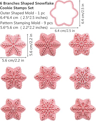 Miniatura 2 de Juego de 9 patrones de sellos de galletas de copo de nieve 3D, plástico de grado alimenticio, 6 ramas con forma de copos de nieve, cortadores de