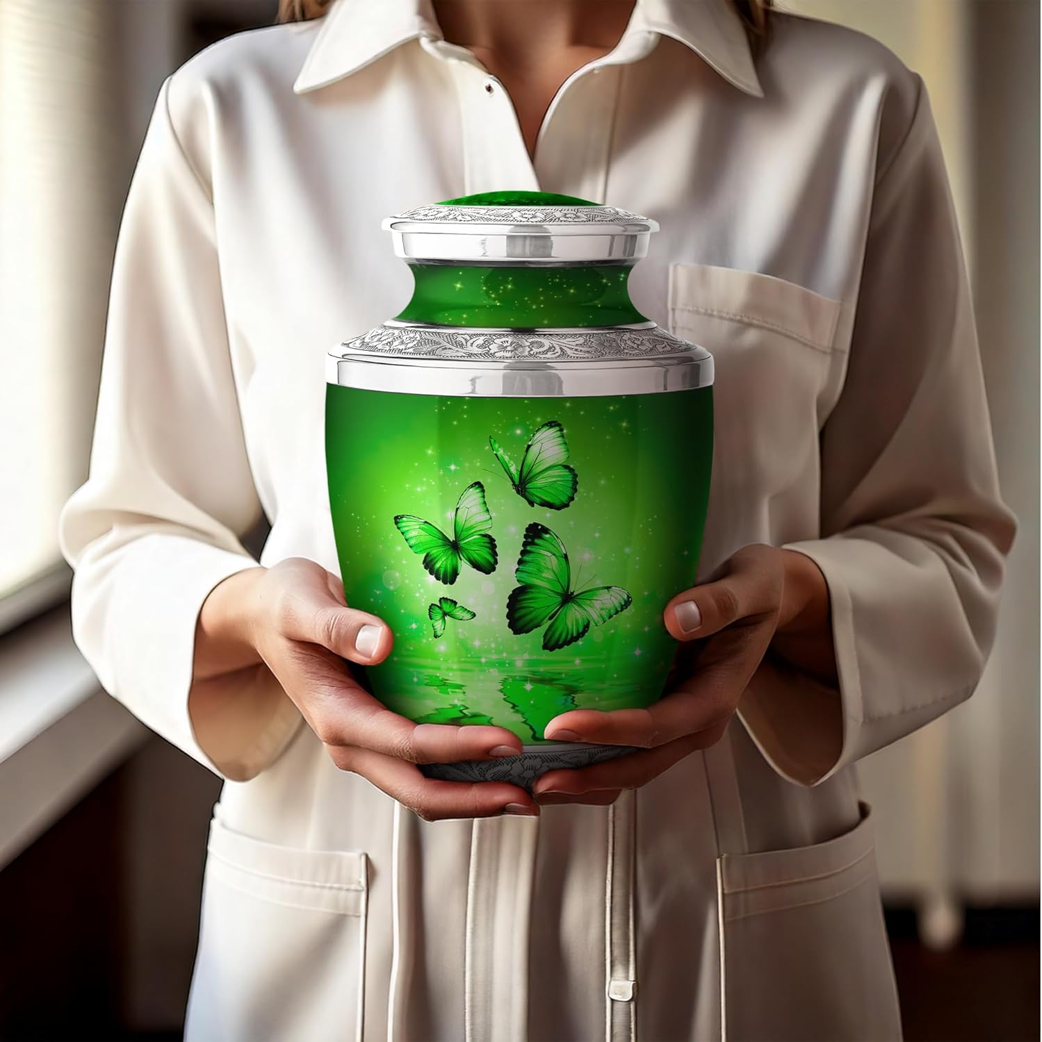 Green Butterfly Urn for Female – Large 200 Cubic inches Adult Funeral Memorial Urn – Decorative Urn for Female – Burial or Home Display