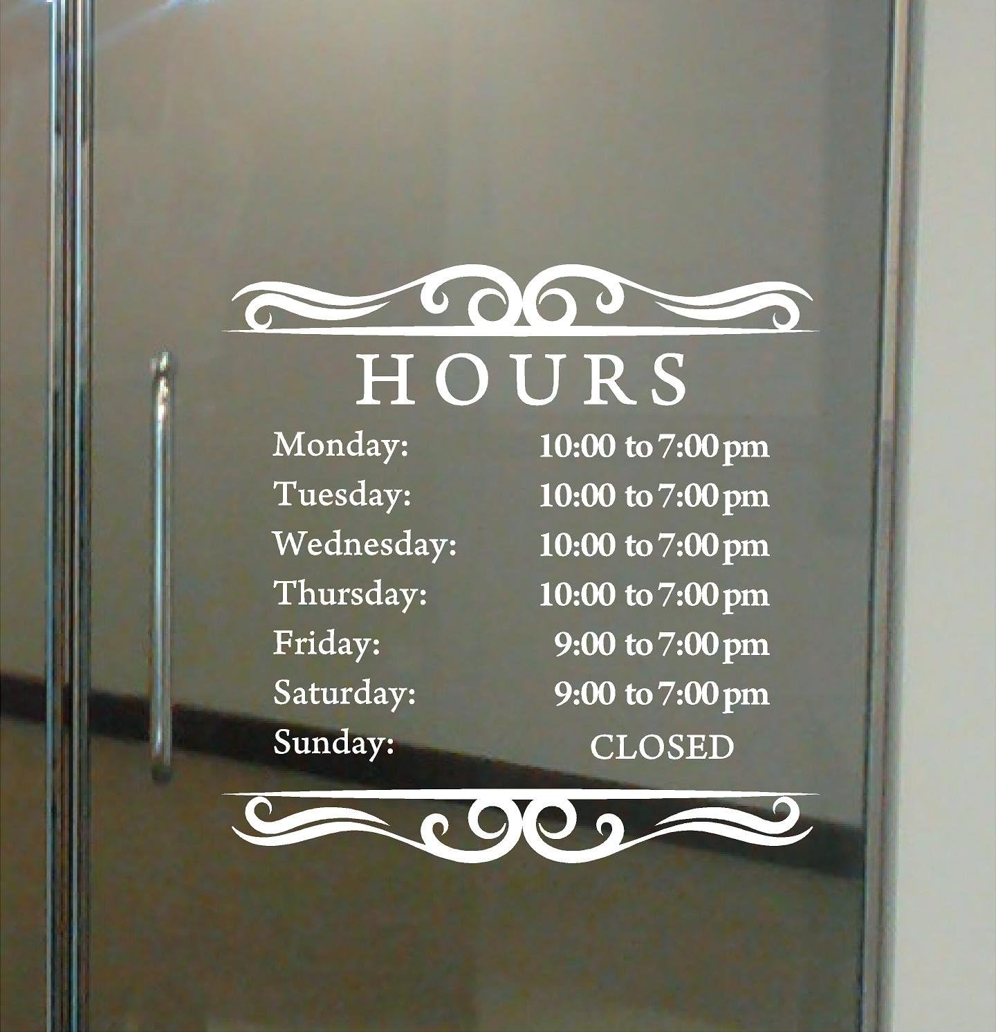 Custom Business Hours Sign for Glass Door, Windows, Smooth surfaces. Hours of Operation Sign. Open - Closed Store Hours Sign. (12" x 12") Style # 1 by Jeyfel Decals