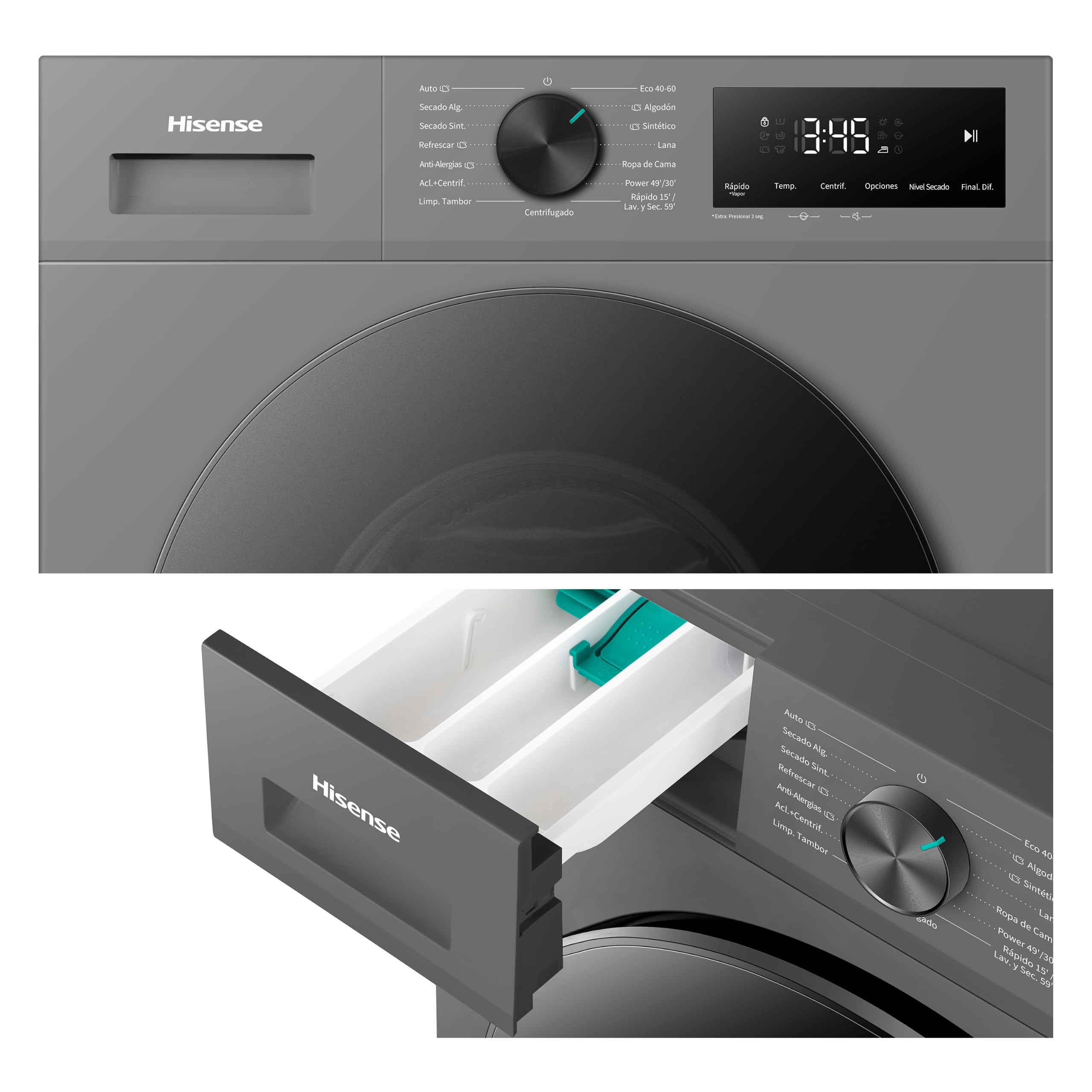 Hisense WD1I9042BTF2 - Lavasecadora 9 kg/5 kg, Fondo 47cm, 1400 rpm, Lavado y Secado 59', Dispensador Automix, Programa Lavado Auto, Función Antiarrugas, Lavado Pure Jet, Función Vapor 99,9%, Silver