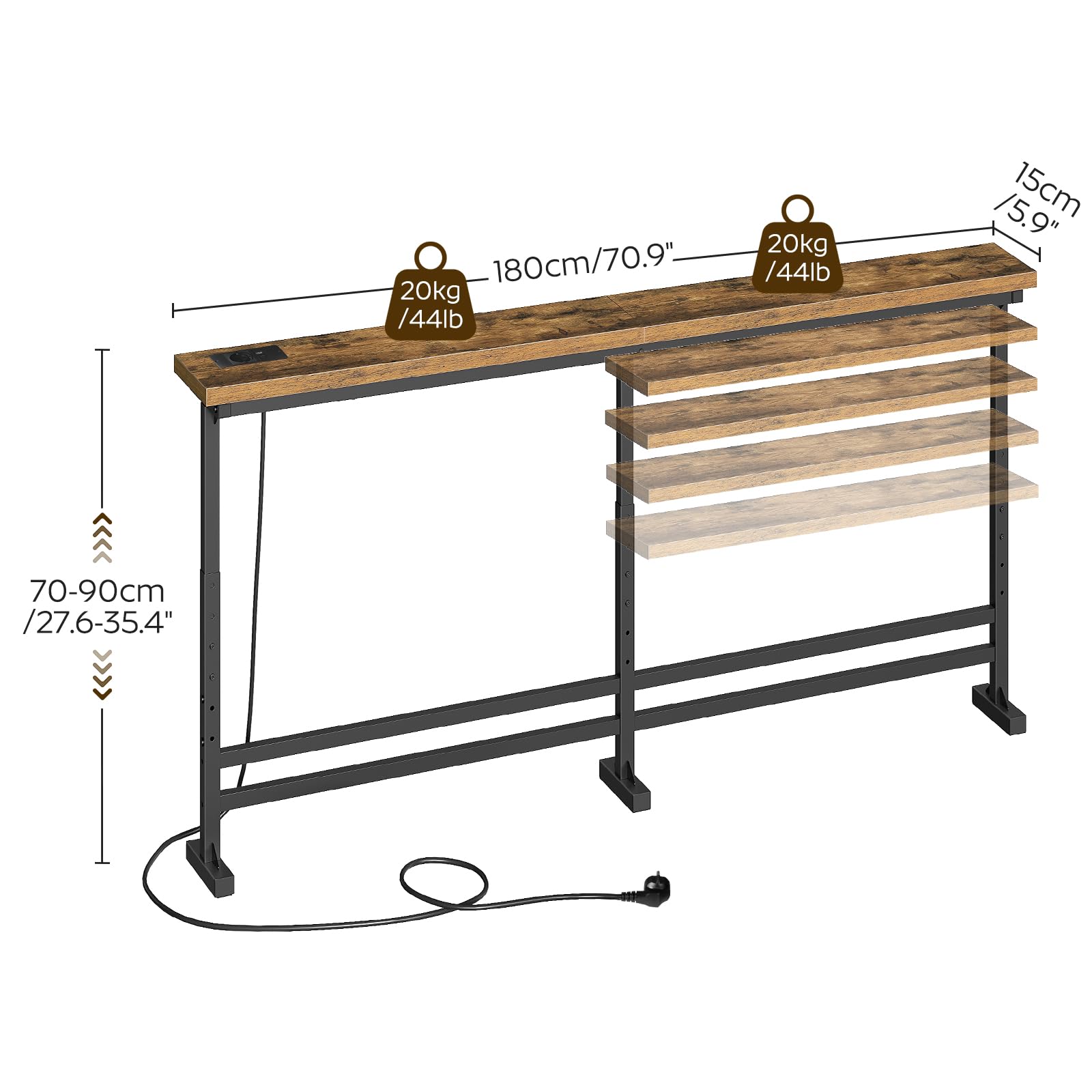 YATINEY Table Console Longue de 180cm, avec Multiprise, Bout de Canapé Fin, Table de Canapé Étroite et Longue, avec 1 Prise CA, 1 Port USB, 1 Port USB-C, pour Salon, Marron Rustique et Noir, XCT08CBR