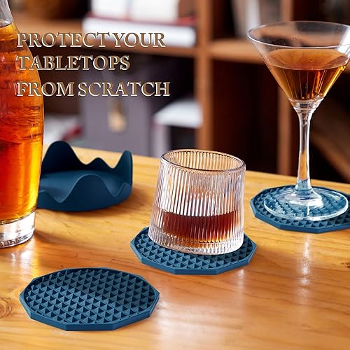 Miniatura 5 de Coga Juego de 6 posavasos con soporte, posavasos de silicona para cualquier tipo de mesa, mesas de madera, piedra, aptos para lavavajillas,