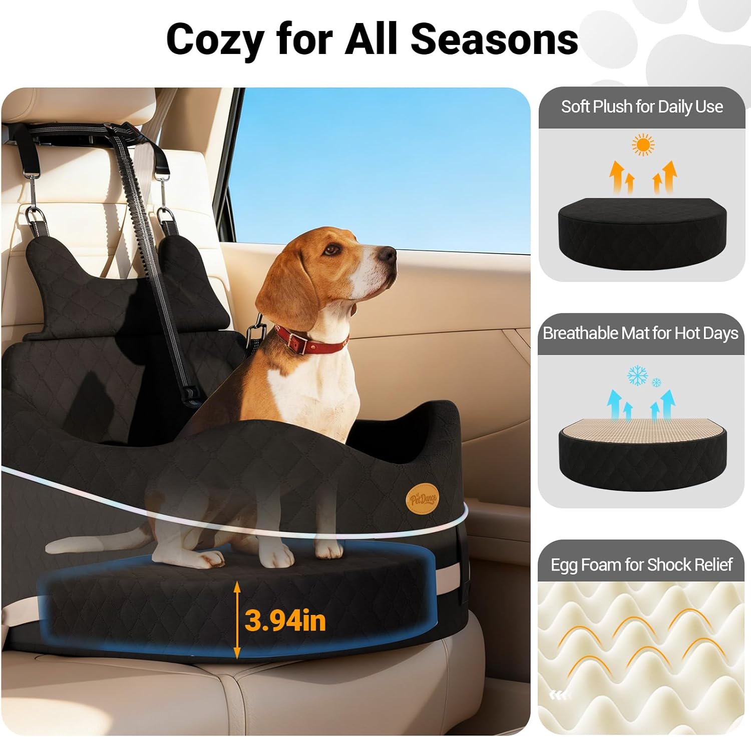 PetDance [Rock-Solid Safety] Dog Car Seat for Small Medium Dogs, 3-Point Fixed Pet Travel Seat with Reversible Cushion & Anti-Slip Base, Premium Matte Black