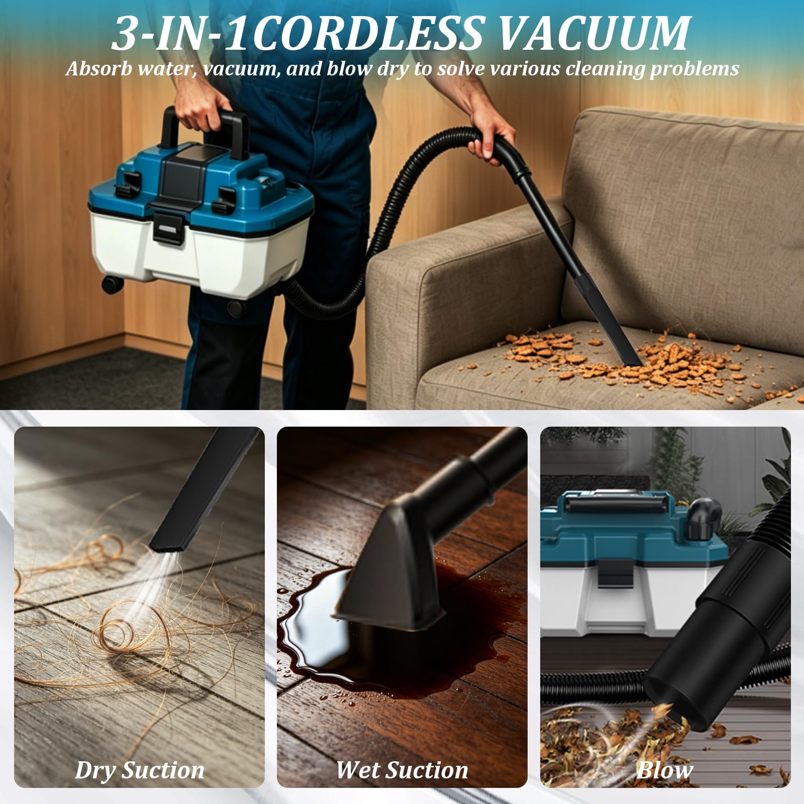 Aspiradora de Sólidos y Líquidos Compatible con Batería Makita 18V, con Filtro HEPA, Depósito de 10L, 18KPa Potencia, Aspiradora de Taller Portátil para Hogar, Garaje y Coche (Sin Batería)