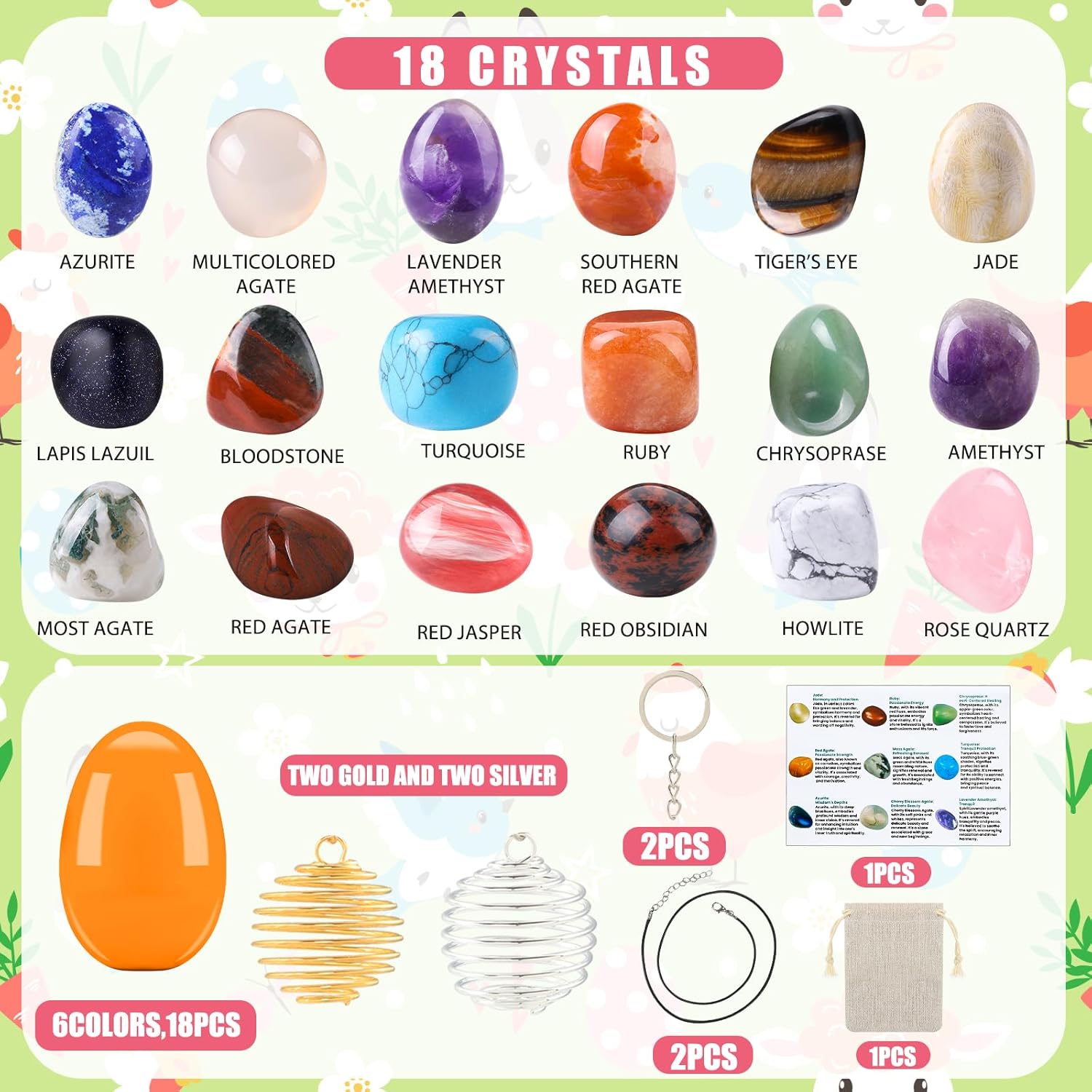 Vellibring Easter Basket Stuffers, 18pcs Gemstones Prefilled Easter Eggs Natural Mineral Rocks Crystals with Necklace Rope Keychain Easter Party Favors for Egg Hunt, Educational Present for Boys Girls