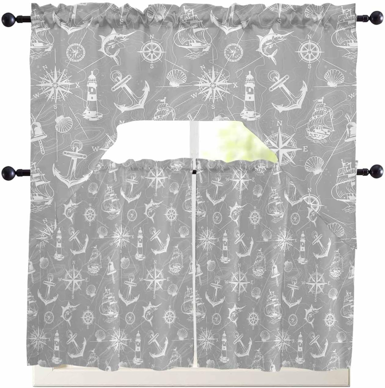 Nautical Black Swag Kitchen Curtain Sets with Valance,Retro Map Sailing Boat Rudder Anchor Coastal Curtain 3 Pieces Rod Pocket Drapes for Bedroom Bathroom Cafe Windows,56''x36'' & 24''x27.5''x2Panels