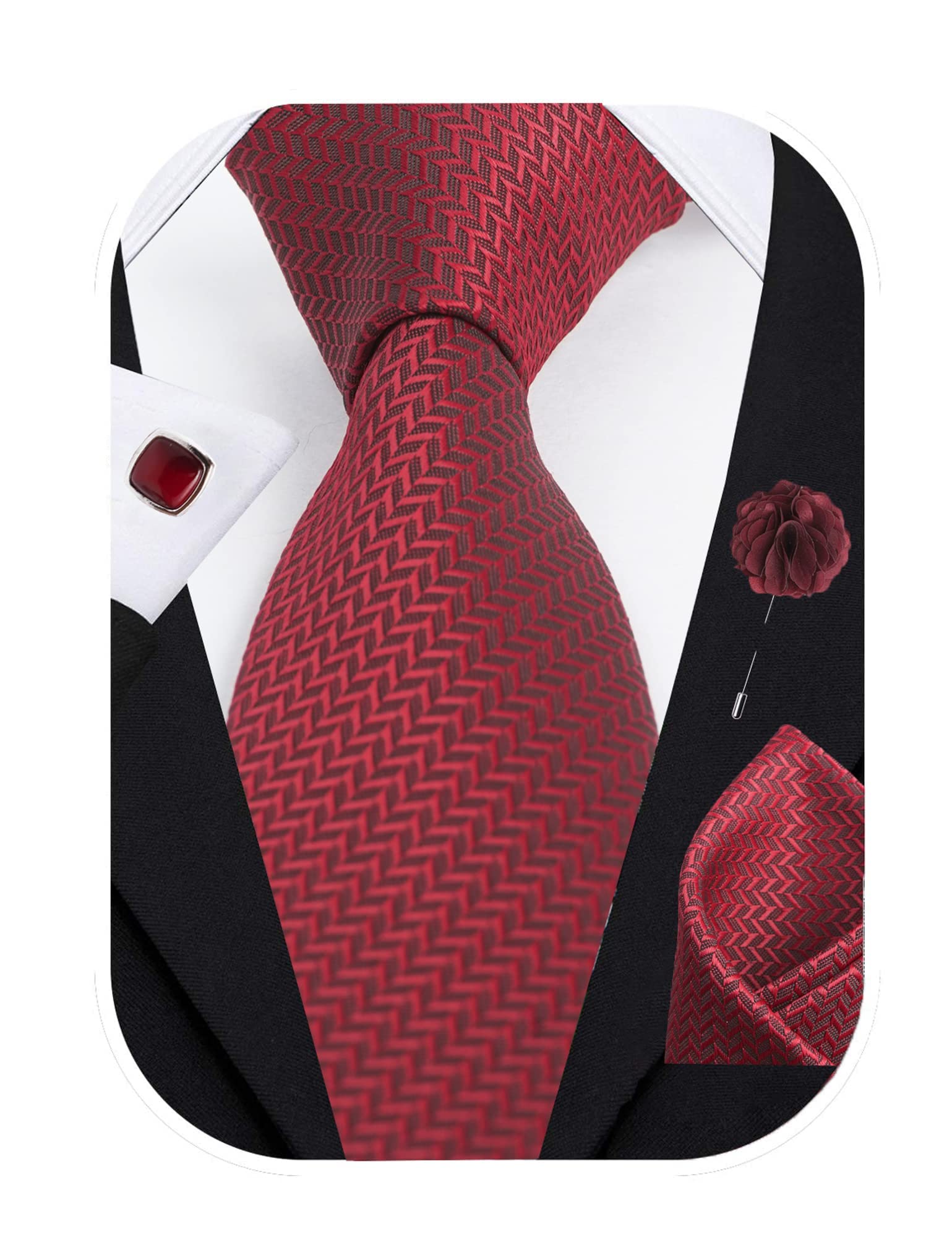 RIZORO Tie for Men – Self Silk Neck Ties Set with Cufflinks Flower Pin, Pocket Square & Black Gift Box, Combo Necktie Sets for Office Wear, Formal Suits & Weddings (Maroon1, SIDIMRRX_NW) 2