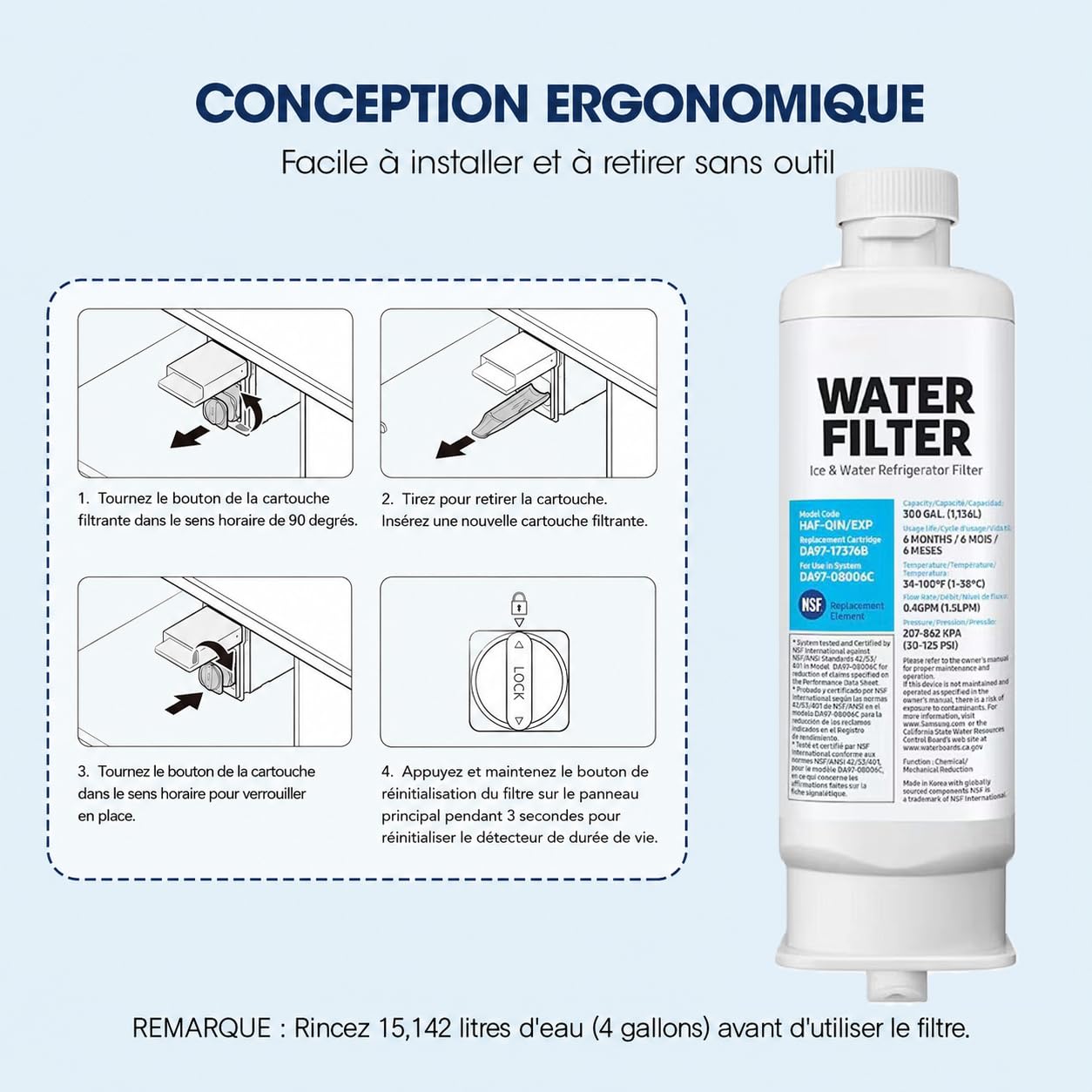 Compatible avec Samsung DA97-17376B, HAF-QIN/EXP, filtre à eau pour réfrigérateur, certifié NSF, cartouche filtrante à charbon actif, durée de vie de 6 mois, installation s (2, blanc)