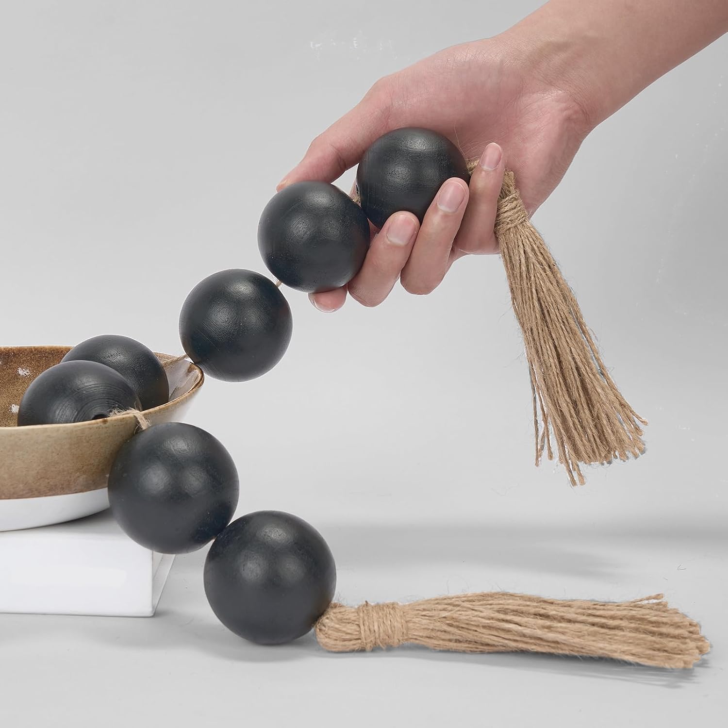 OMISHE Extra Large Wood Bead Garland with 2" Diameter Wooden Beads, 41" Long Rustic Farmhouse Wooden Beads Garland with Tassels, Decorative Beads Boho Decorations for Home Table Mantle Black