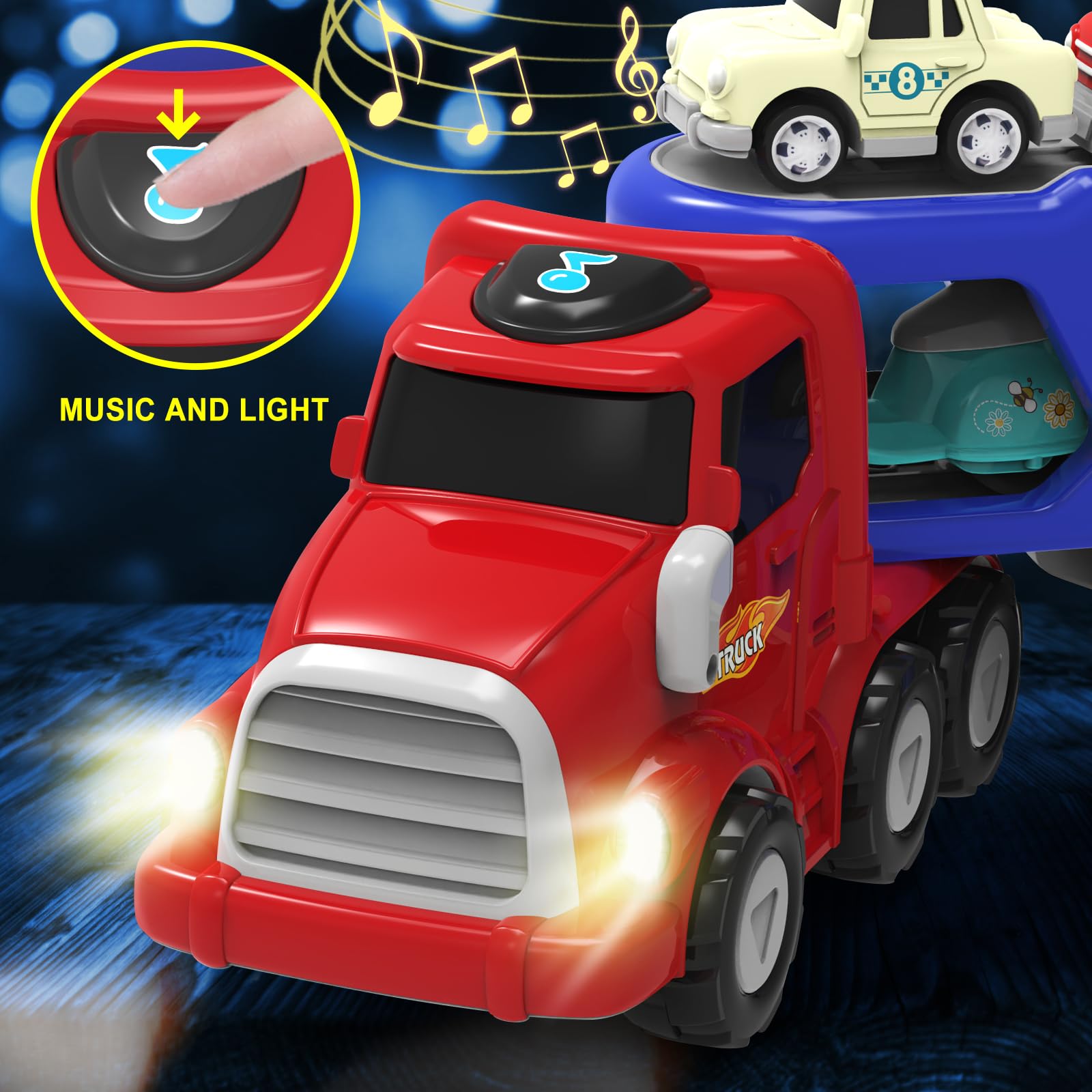 Giochi Bambini 2 Anni,7 in 1 Camion Macchinine con Suoni e Luci,Camion Giocattolo per Bambini,Regalo Bambino 2 3 4 Anni