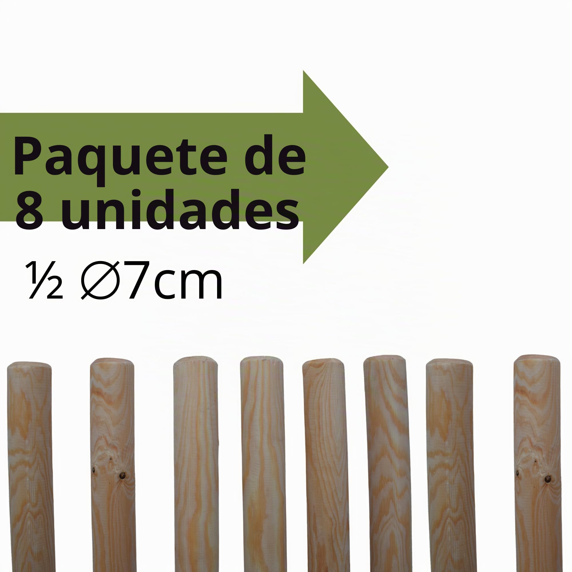 Poste de Madera Medio Redondo ½ ⌀7 cm 240 cm 8 Unidades | Madera Maciza sin Tratar para Vallas y Cercas de Jardín