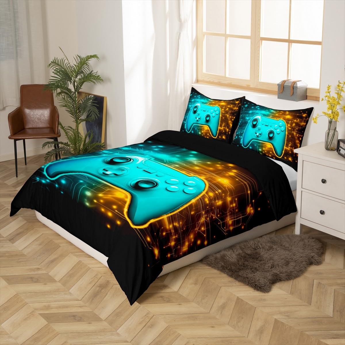 Homemissing Gamer Duvet Cover Set Single Size Blue Gaming Breathable Bedding Set Golden GamePad Zippered Duvet Cover with 1 Pillowcase Kids Games Controller For Teenager Boy - Image 2
