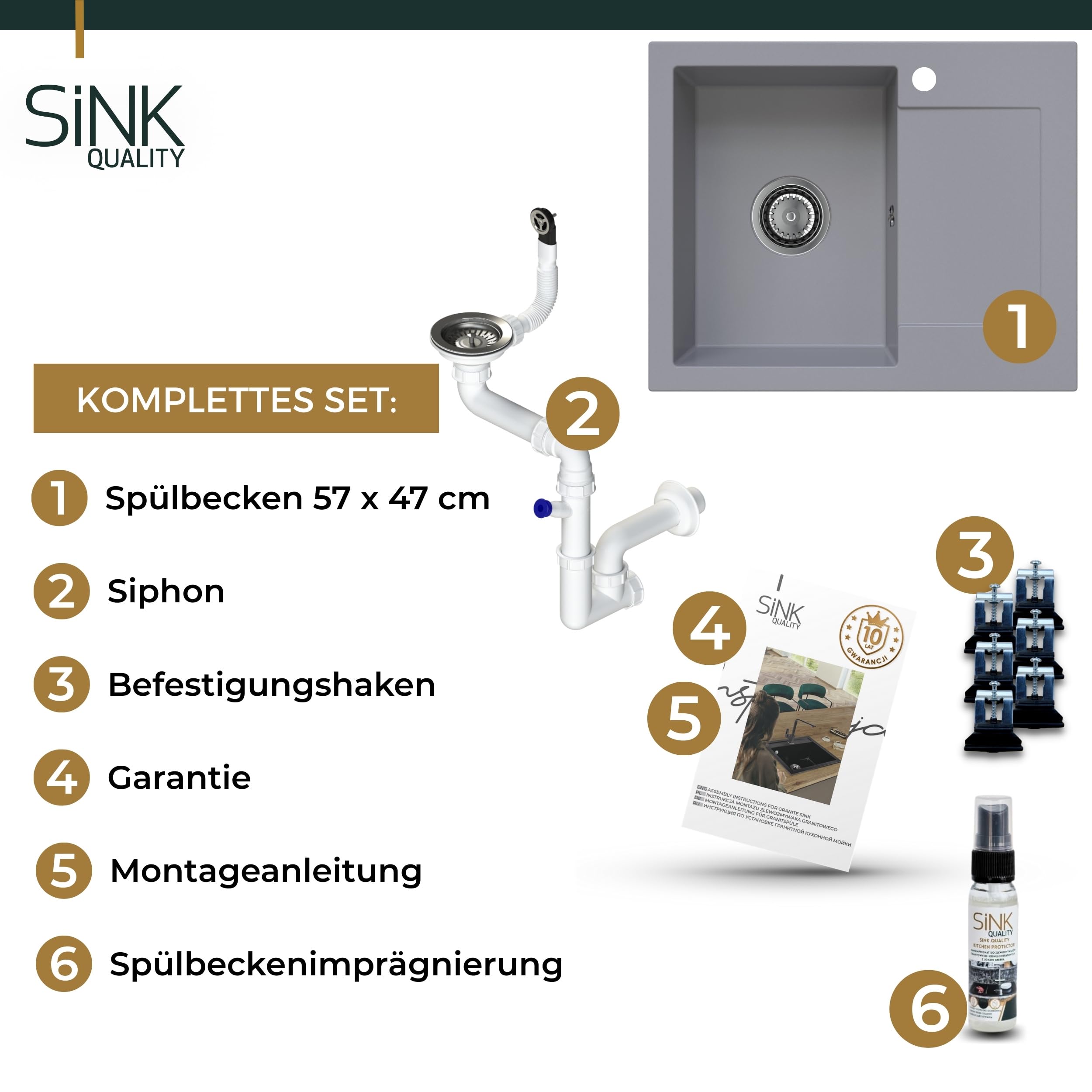 SINK QUALITY zlewozmywak granitowy szary 58 x 47 – zlewozmywak z syfonem i środkiem impregnującym – zlewozmywak kuchenny szary z ociekaczem do szafki pod umywalkę 50