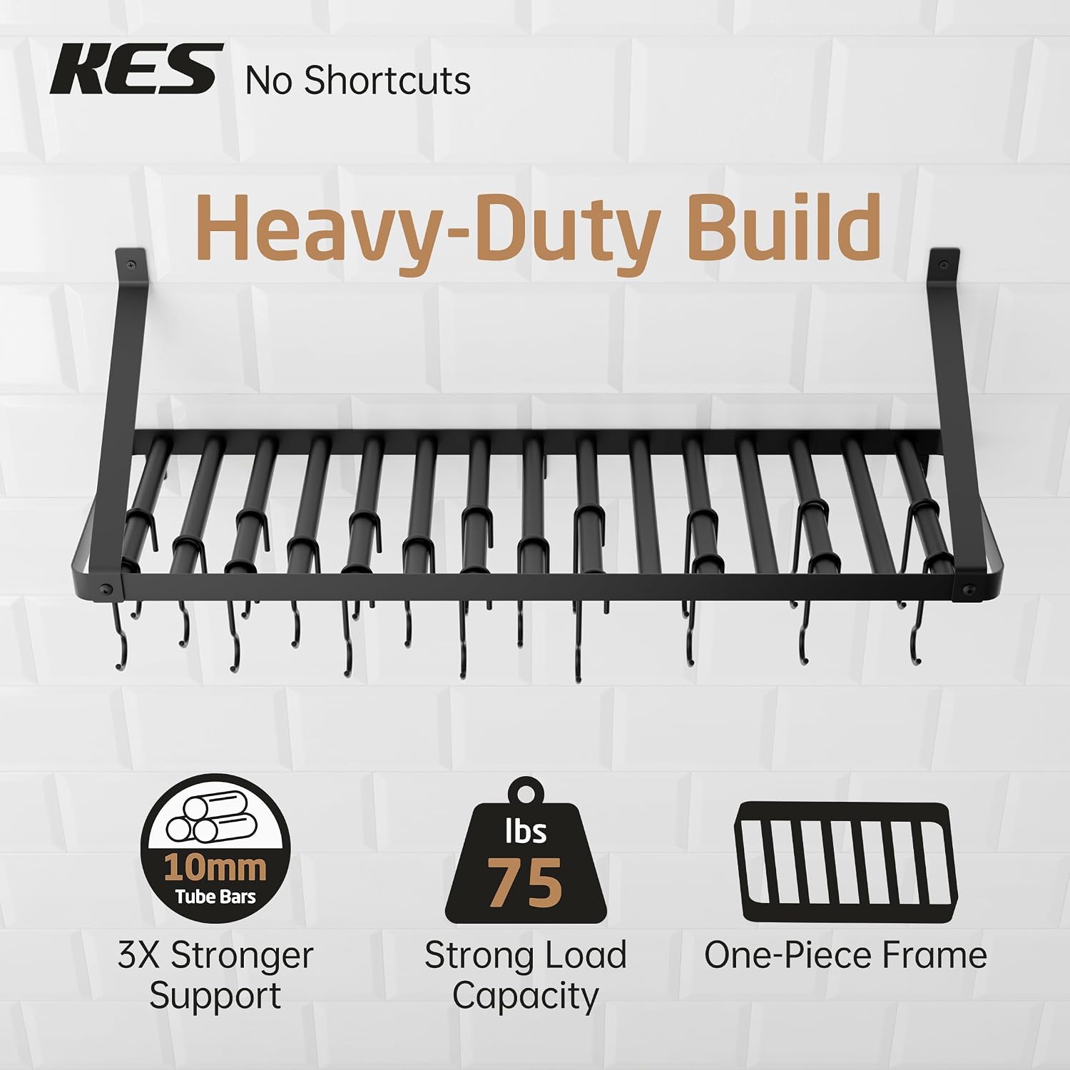 KES 75 lb High-Capacity Pot Rack Wall Mounted with Pot Lid Holder 34 Inch