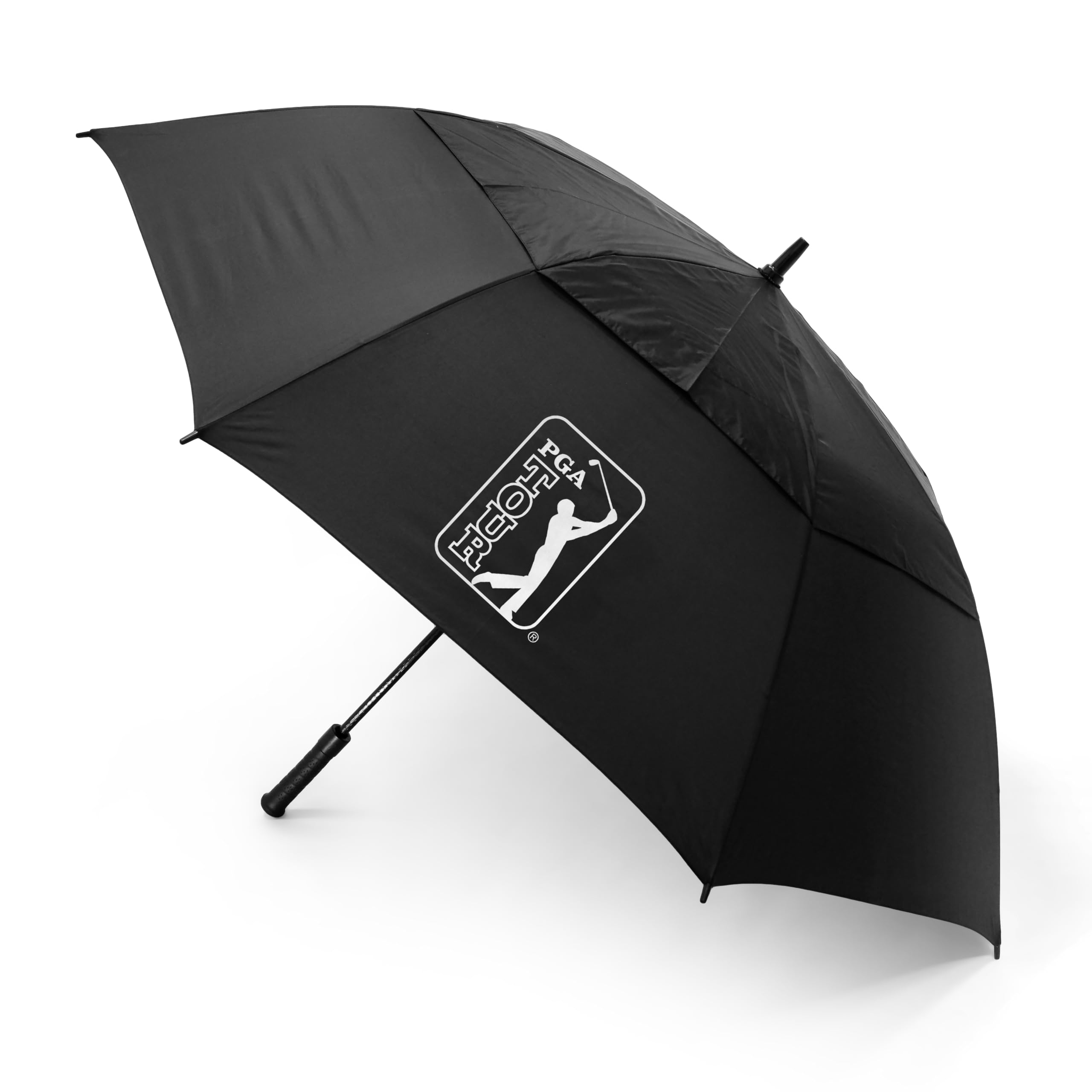 PGA TOUR 62-Inch Golf Umbrella - Windproof Double Canopy, Mens Umbrellas with Auto Open, Fibreglass Shaft, Non-Slip Handle, Velcro Straps, Rainproof Cover - Golf Umbrella Windproof, Black