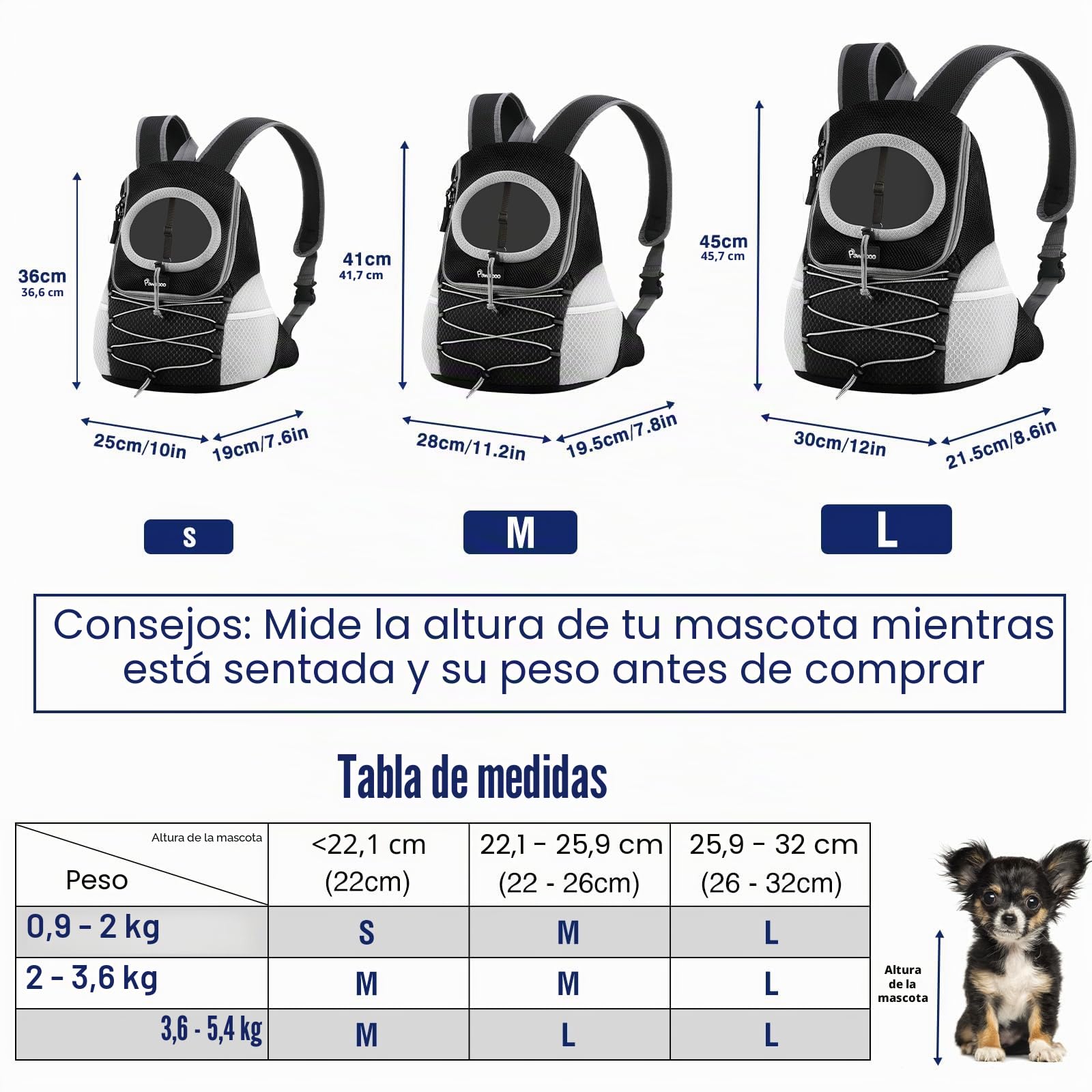 Pawaboo Mochila del Perros, Bolsa de Viaje para Mascotas con Abertura con Cordón Retráctil, Mochila Portadora de Mascotas Transpirable para Gatos Perros Pequeños Medianos, M, Negro