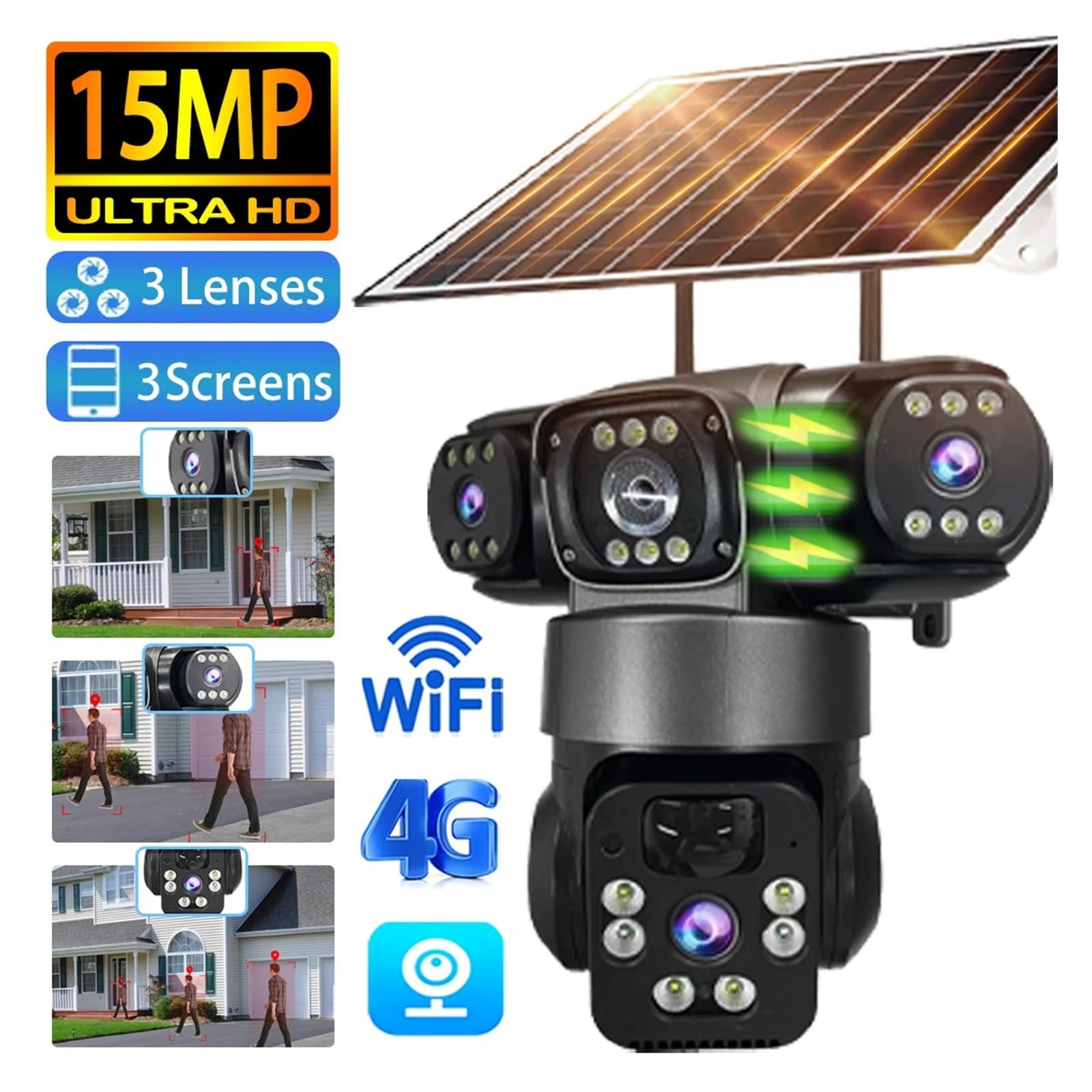Cámara Solar de 15 MP, 3 Lentes, 3 Pantallas, WiFi o SIM 4G, vigilancia Exterior, CCTV, PTZ, IP66, Seguridad, Panel Solar, V380(12MP 4G CAM 64G)