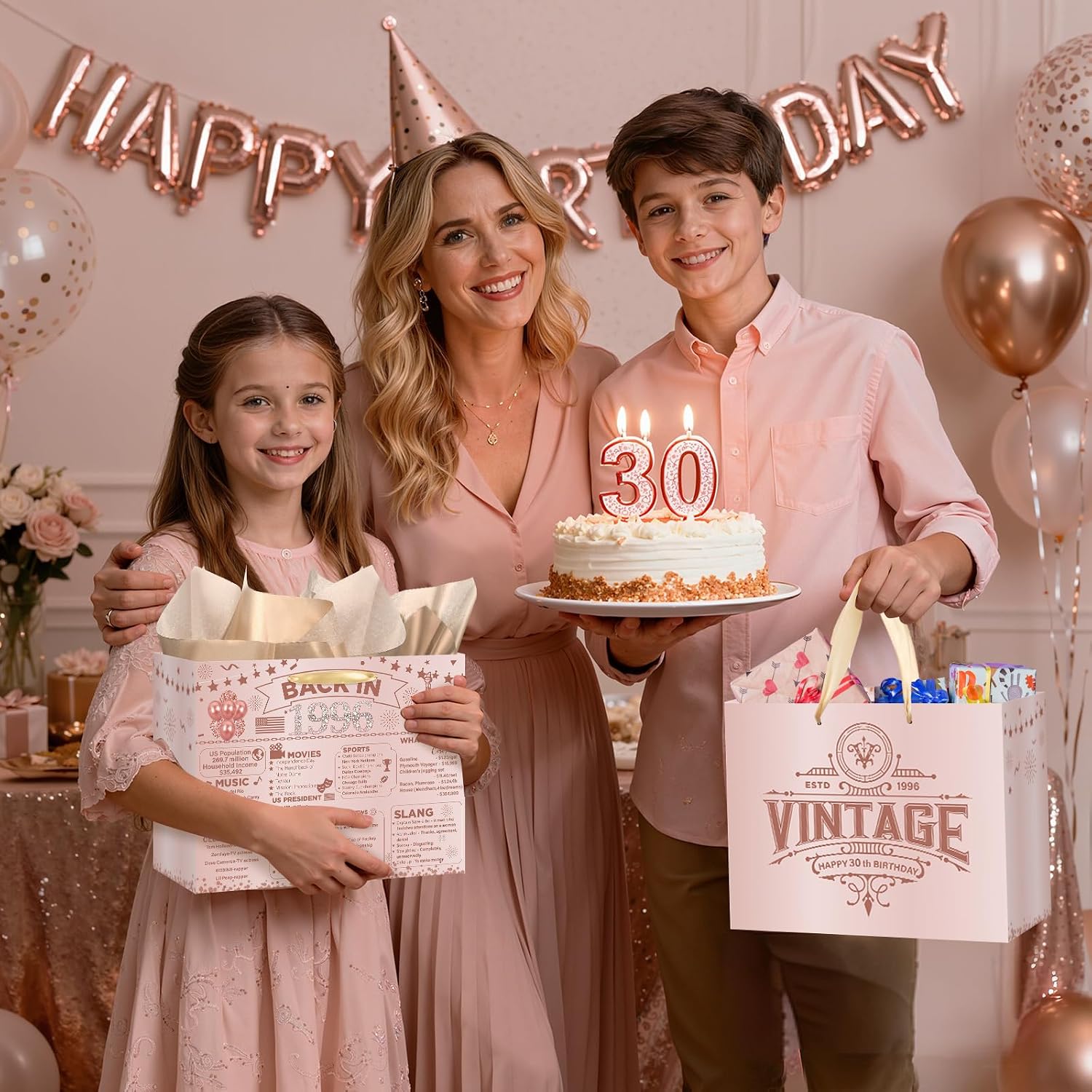 Yoirrat Rose Gold 30th Birthday Gift Bag for Women with Wrapping Tissue Paper & Card Back in 1996 Large Pink Vintage Thirty Party Supplies Favors Present for Daughter Best Friend Sister image 5