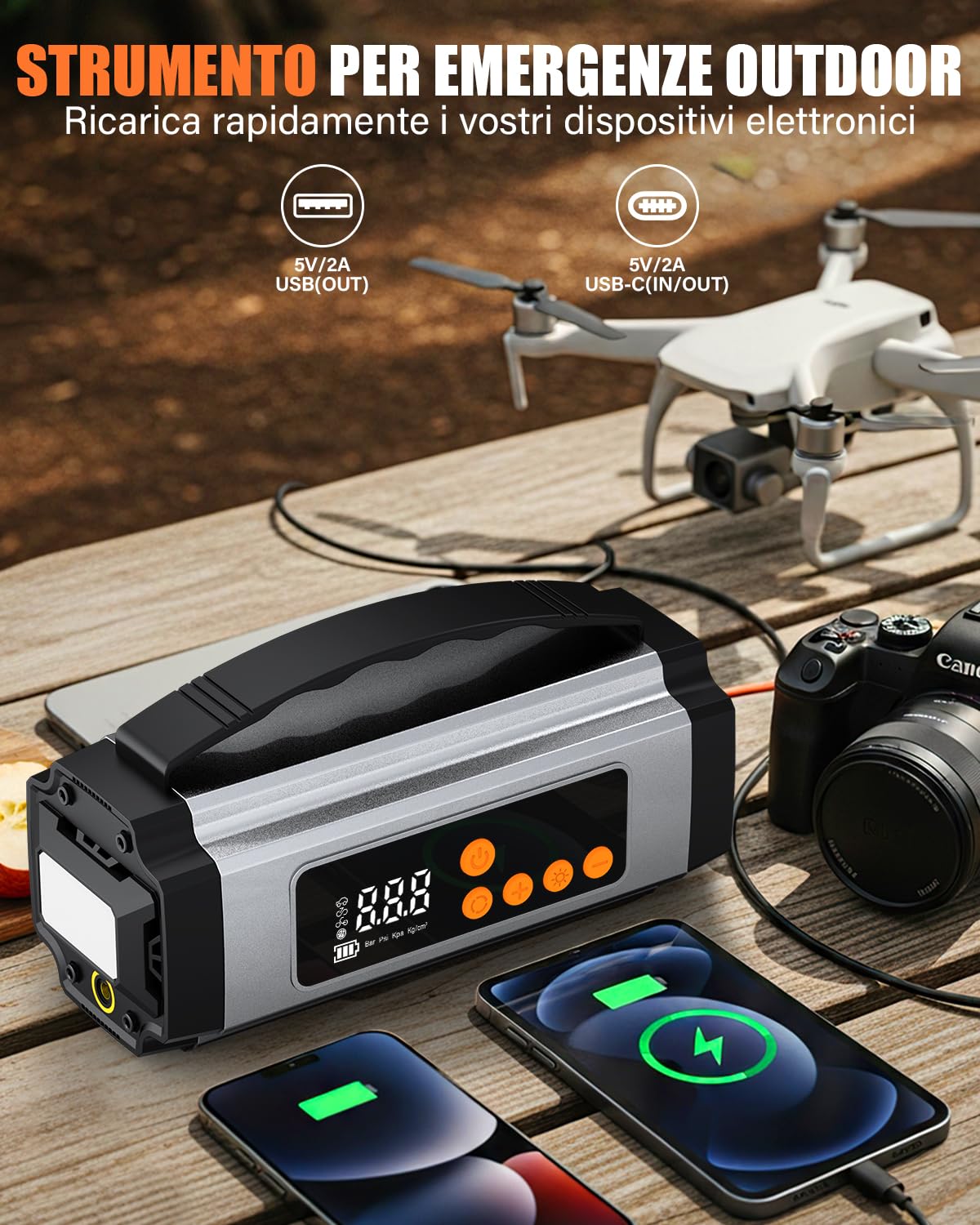 Onherm 7-in-1 Booster Avviatore Auto con Compressore 150PSI, 2000A Avviatore Batteria Auto/Moto per 12V 8L Benzina e 5L Diesel, Avviatore Emergenza con Torcia, Jump Starter con USB-C e Display LCD