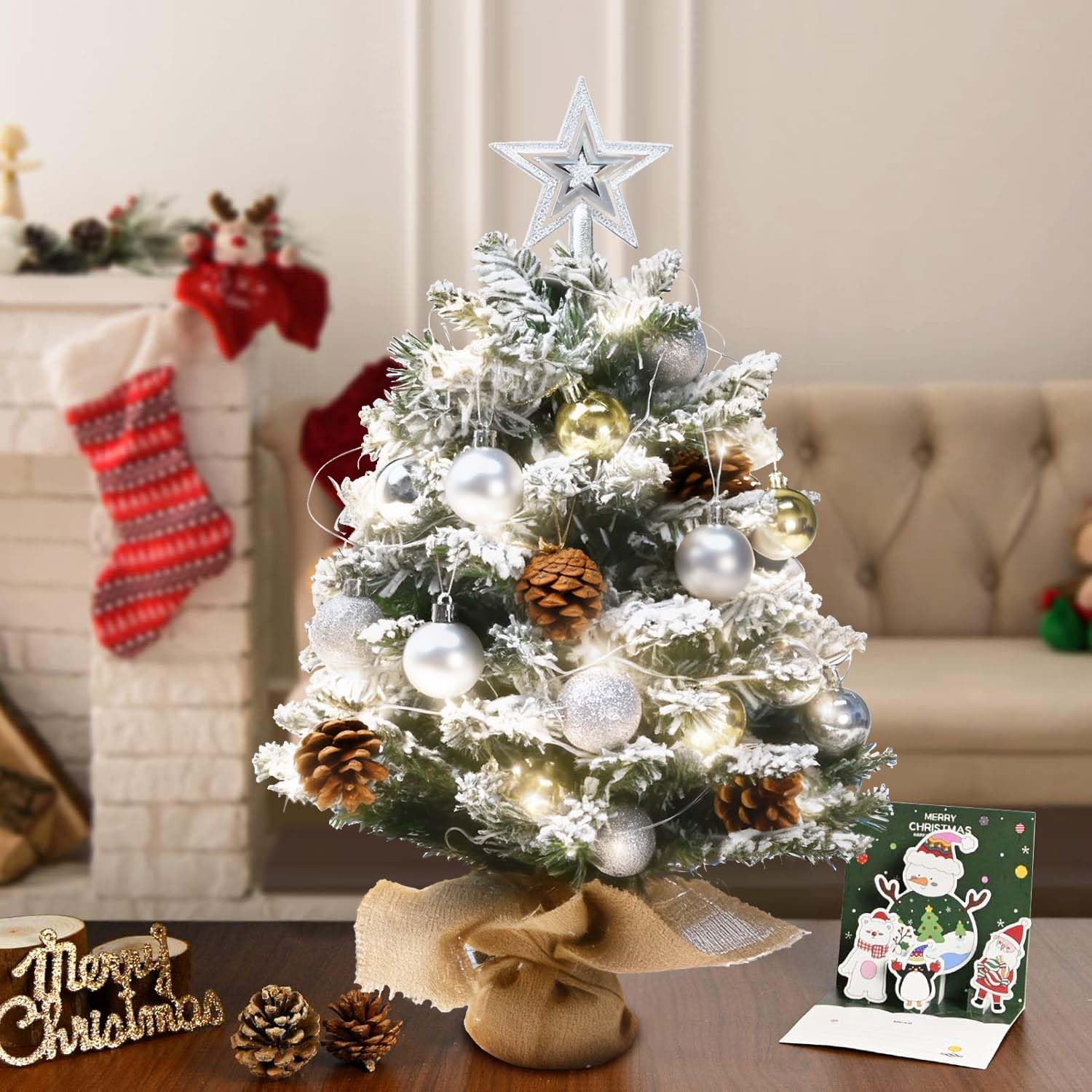 Künstlicher Weihnachtsbaum mit Beleuchtung, Geschmückter Mini Weihnachtsbaum inklusive Schmuck und stabilem Stoffsockel für Festliche Tischdeko, Weihnachten
