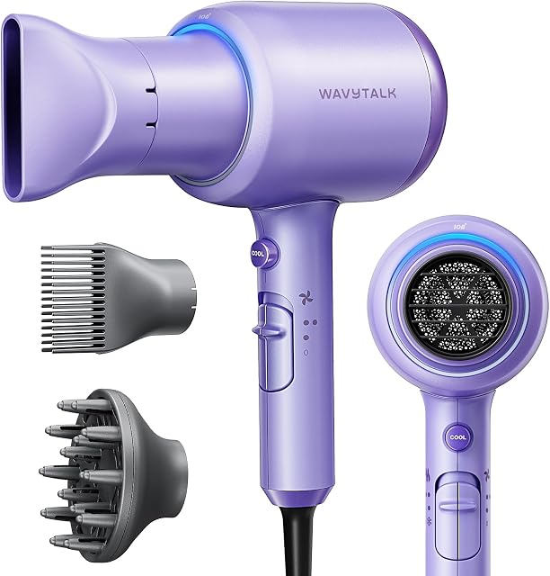 Wavytalk Hair Dryer with Diffuser, Blown Away Ionic Hair Dryer for Curly Hair with Comb, 1875W Fast Drying Blow Dryer with Ceramic Technology, 3 Attachments for All Hair Types, Light and Quiet, Purple